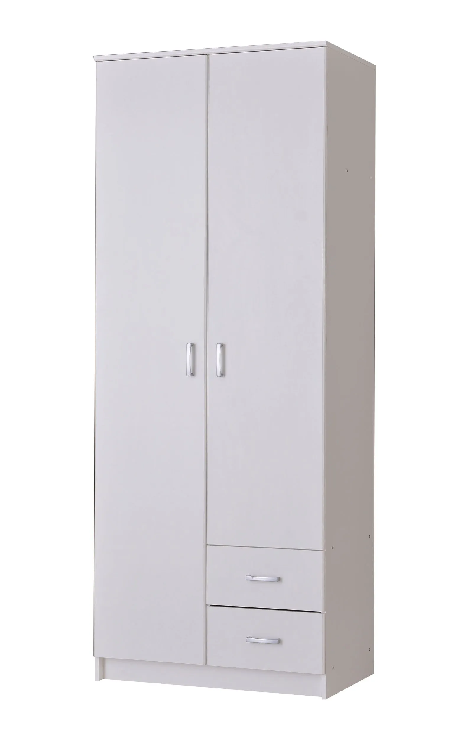 Zweitüriger Kleiderschrank mit zwei Schubladen Kovin 10, Farbe: Weiß, eine Kleiderstange, fünf Fächer, Maße: 205 x 80 x 52 cm, für Schlafzimmer