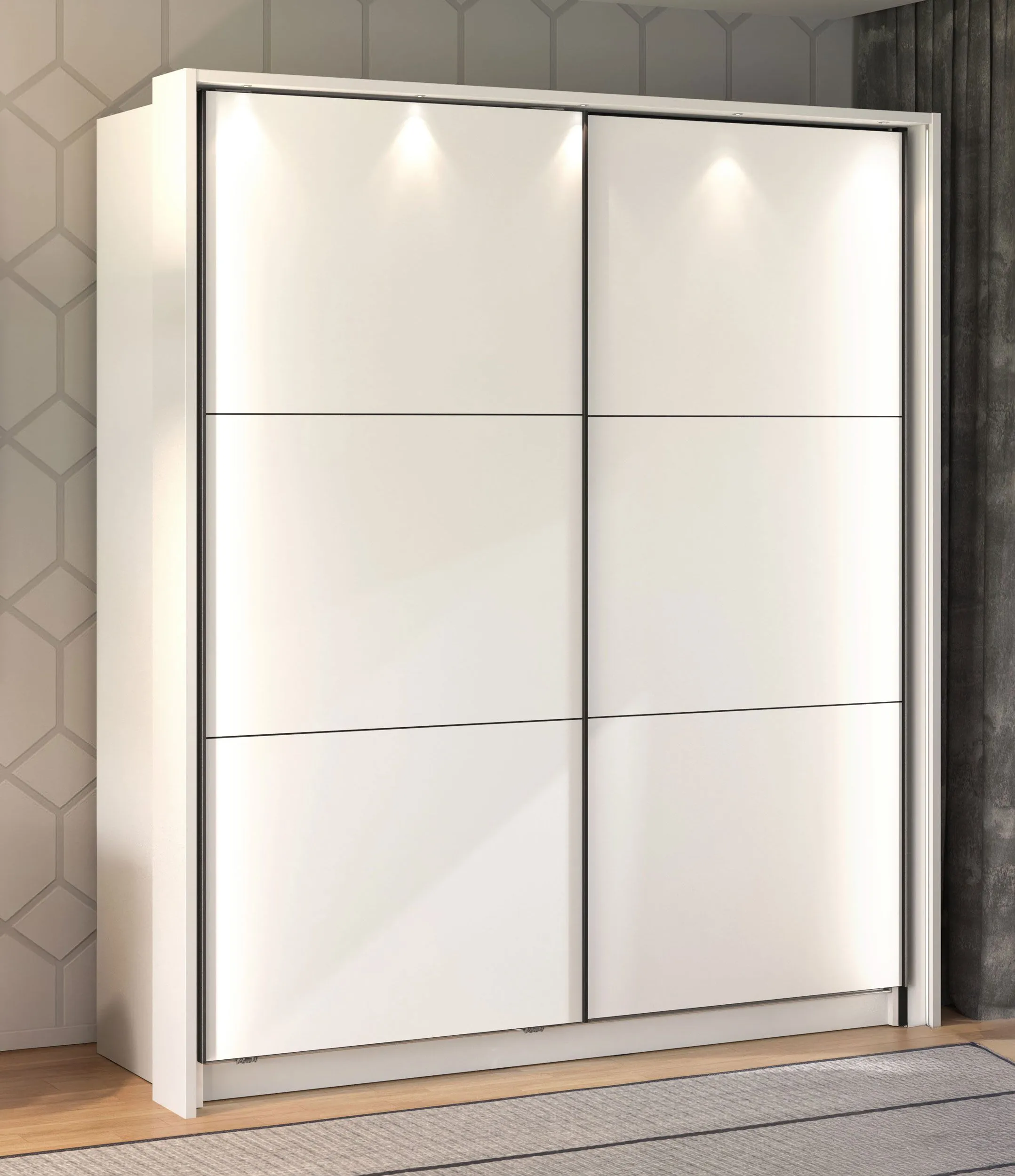 Neutraler Kleiderschrank / Schiebetürenschrank Kule 03, Farbe: Weiß, sechs Fächer, eine Kleiderstange, Maße: 210 x 179 x 62,5 cm, für Schlafzimmer