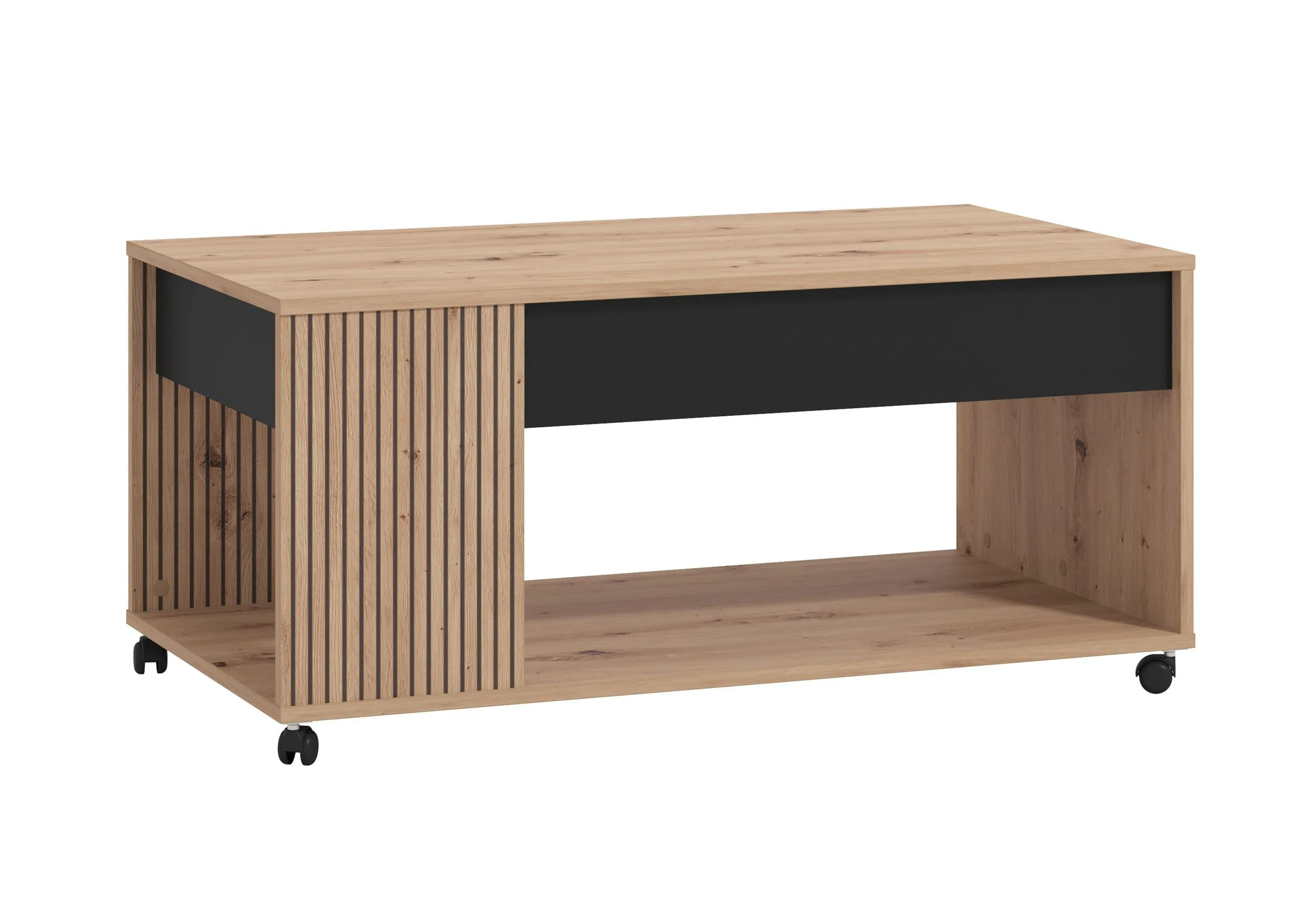 Couchtisch / Kaffeetisch mit einer Schublade Zvesdara 07, Farbe: Eiche Artisan / Schwarz, vier Rollen, stilvoll, Maße: 46 x 101 x 55 cm, für Wohnzimmer