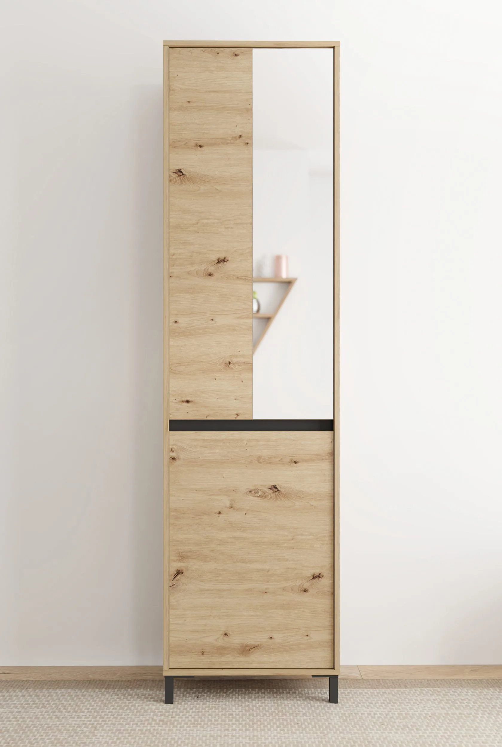 Schrank | 1 ausziehbare Kleiderstange | Farbe: Eiche Artisan | 2 Fächer | Spiegel | Maße: 54,5 x 40 x 205,5 cm | ABS-Kanten