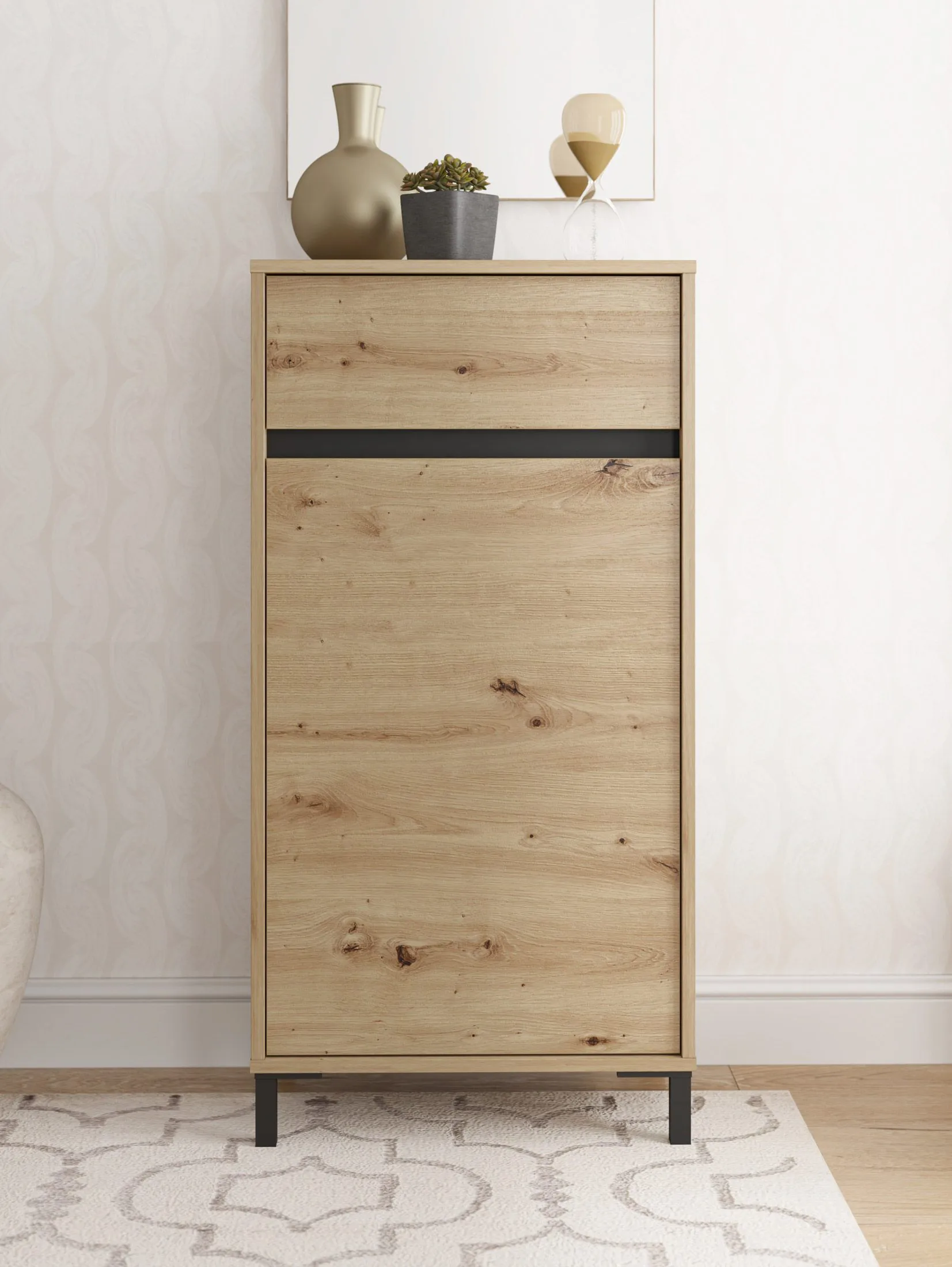 Kommode | 1 Schublade | Farbe: Eiche Artisan | 1 Drehtür | ABS-Kanten | 2 Fächer | Maße: 54,5 x 40 x 109,5 cm | Beine: Schwarz