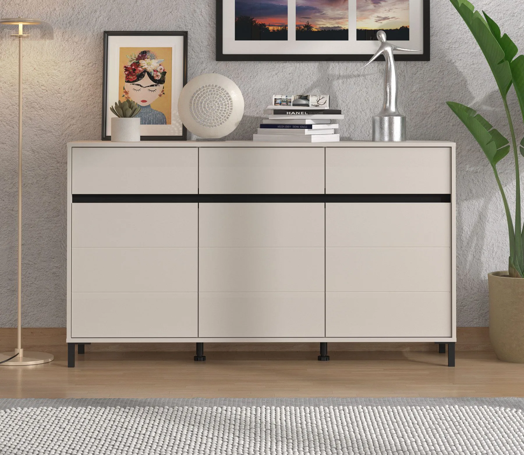 Kommode | 3 Drehtüren | 1,5 m breit | Farbe: Kaschmir | 3 Schubladen | Maße: 157 x 40 x 90 cm | Sideboard | ABS-Kanten | 6 Fächer