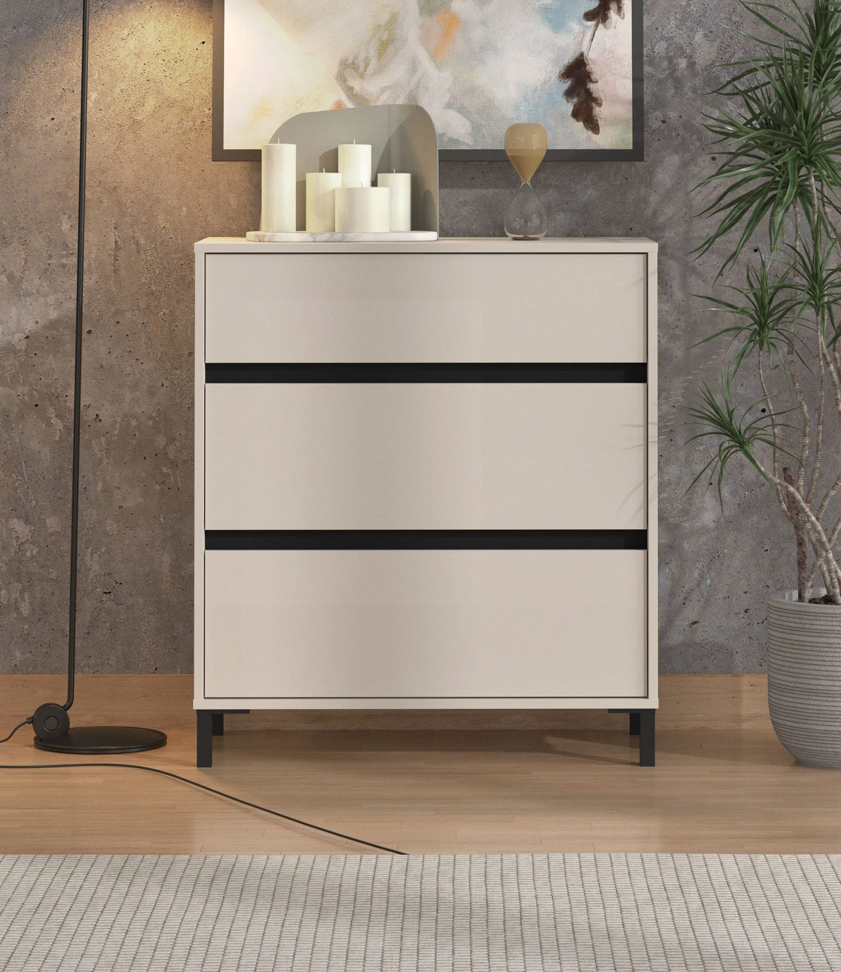 Kommode | Farbe: Kaschmir | 3 Schubladen | Maße: 80 x 40 x 90 cm | ABS-Kanten | modernes Design | Beine: Schwarz