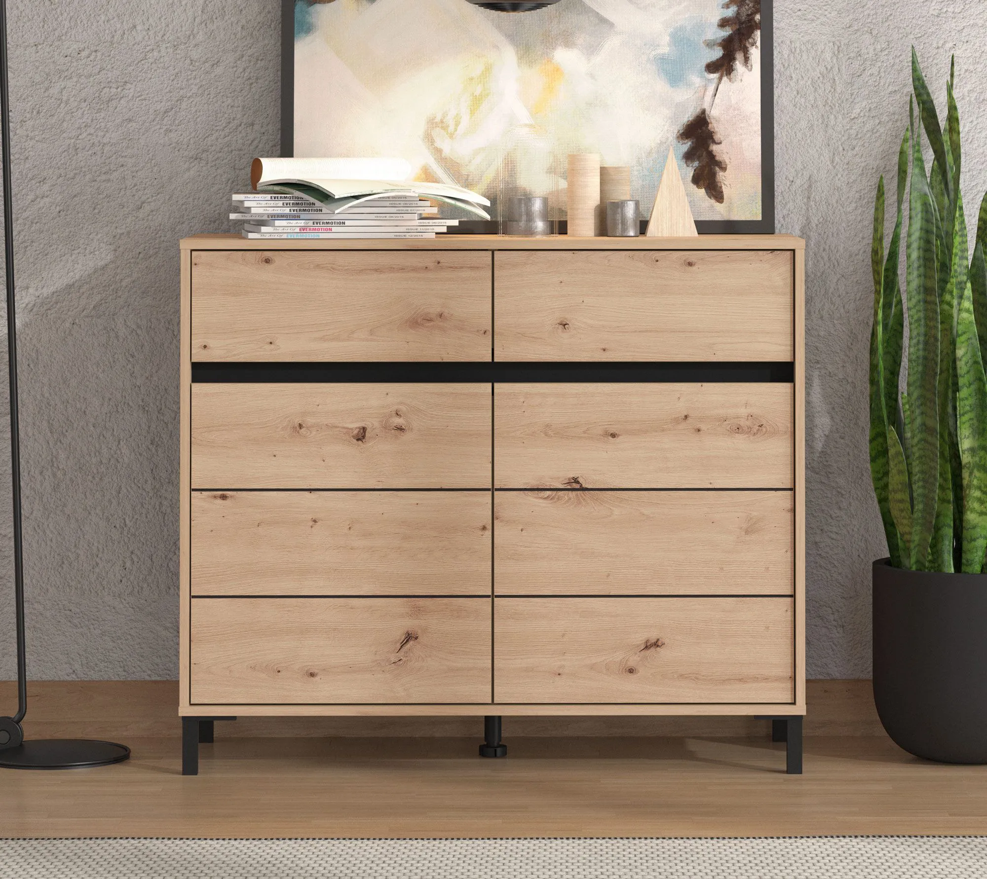 Kommode | 2 Drehtüren | Farbe: Eiche Artisan | 4 Fächer | Maße: 106 x 40 x 90 cm | ABS-Kanten | modernes Design | Beine: Schwarz