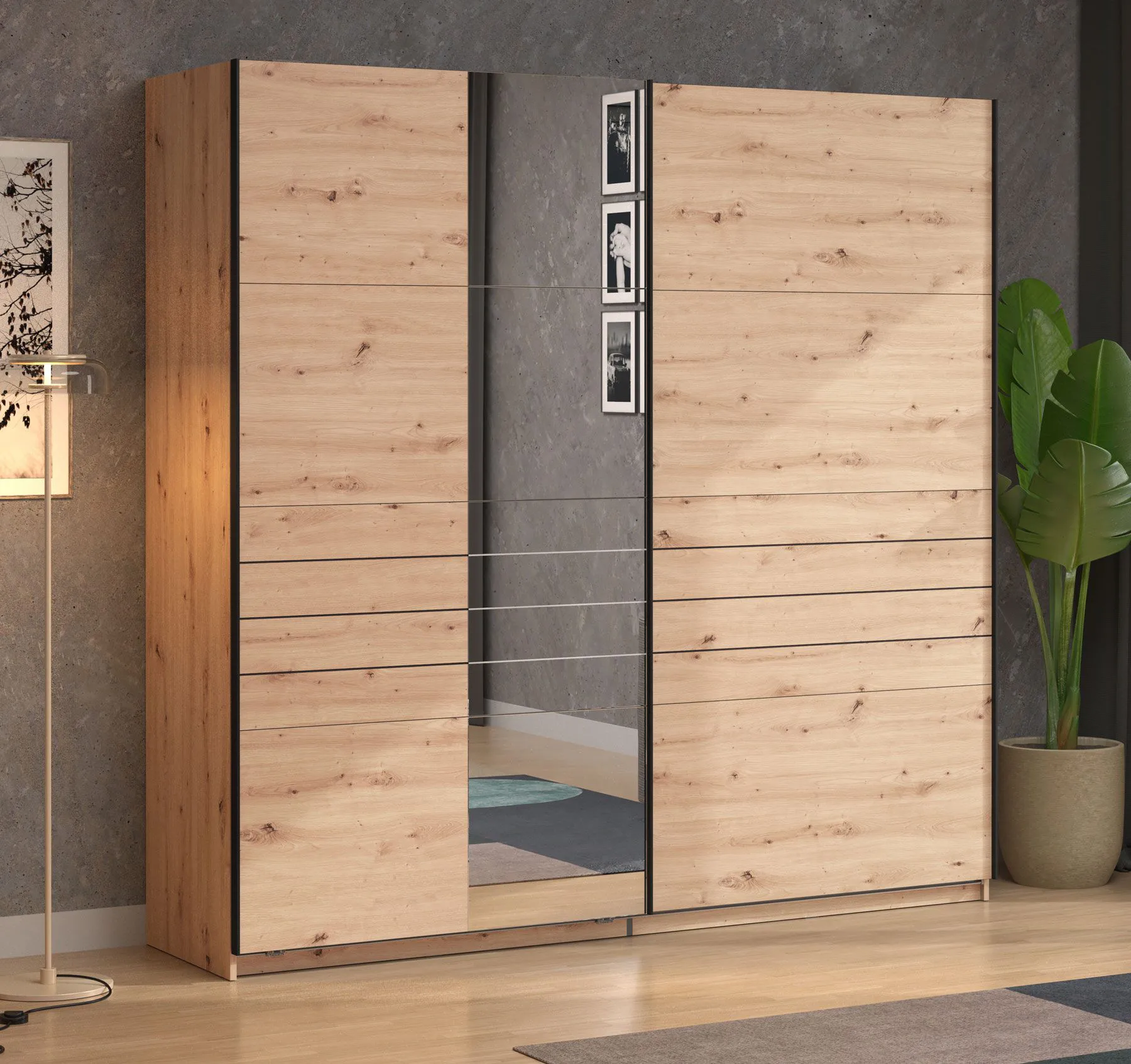 Kleiderschrank | Farbe: Eiche Artisan | breit | 1 Spiegeltür | Schiebetürenschrank | Maße: 220 x 61 x 217,5 cm | ABS-Kanten | 2 Kleiderstangen