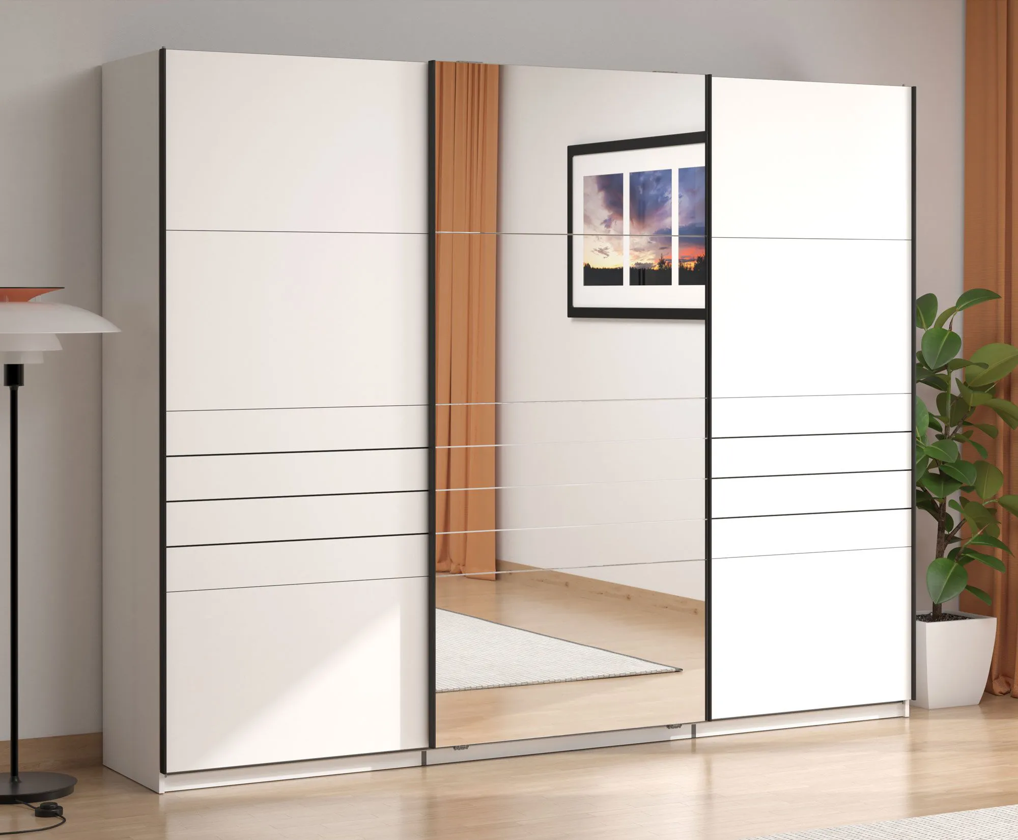 Kleiderschrank | 3-türig | 1 Spiegeltür | Farbe: Opak Weiß | 3 Kleiderstangen | Maße: 167 x 61 x 217 cm | sehr breit | 3 Fächer