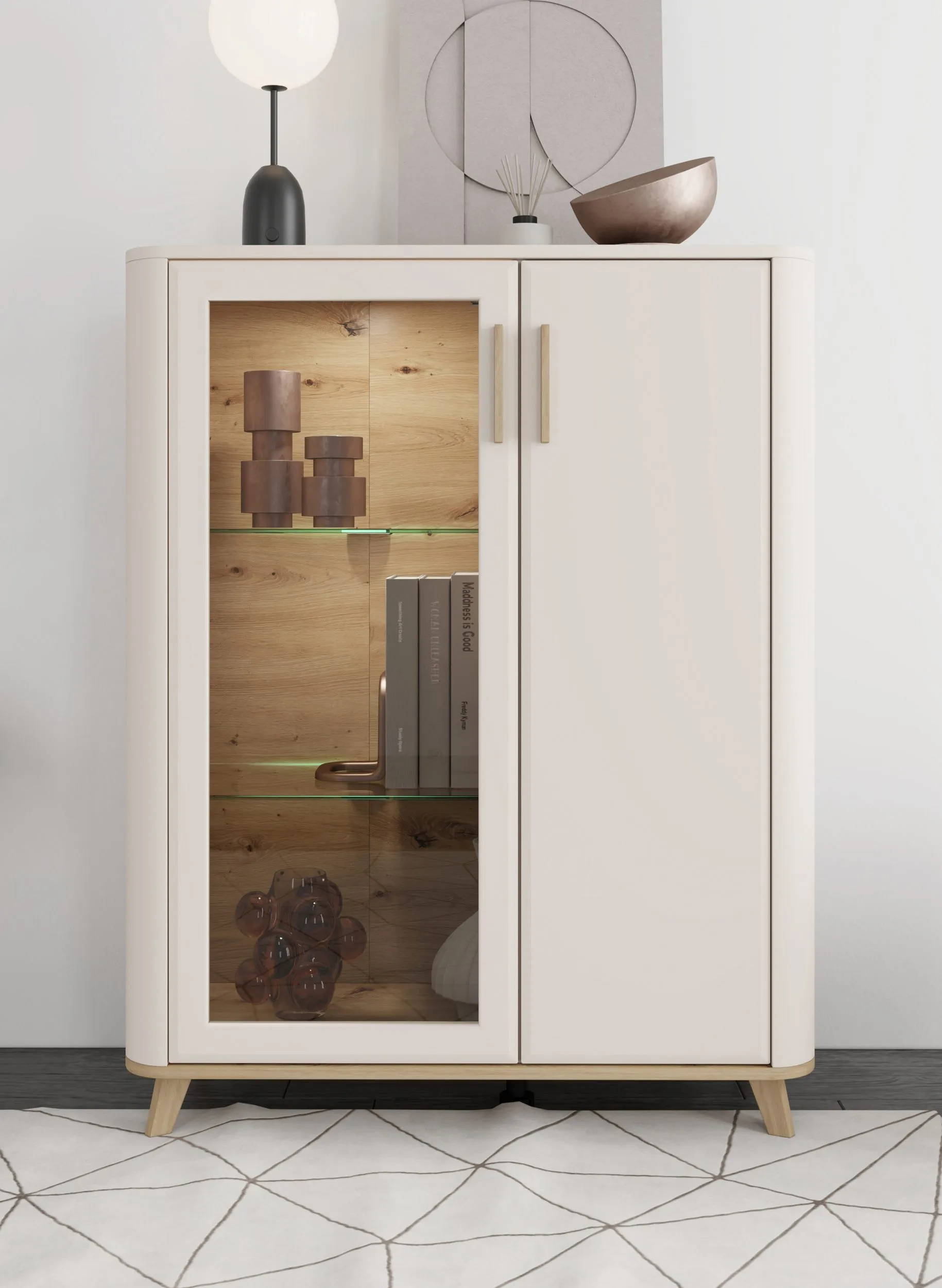 Vitrine | klein | Farbe: Kaschmir | 1 Glastür | Maße: 90 x 40 x 116,5 cm | 1 Drehtür | ABS-Kanten | getöntes Glas | 6 Fächer