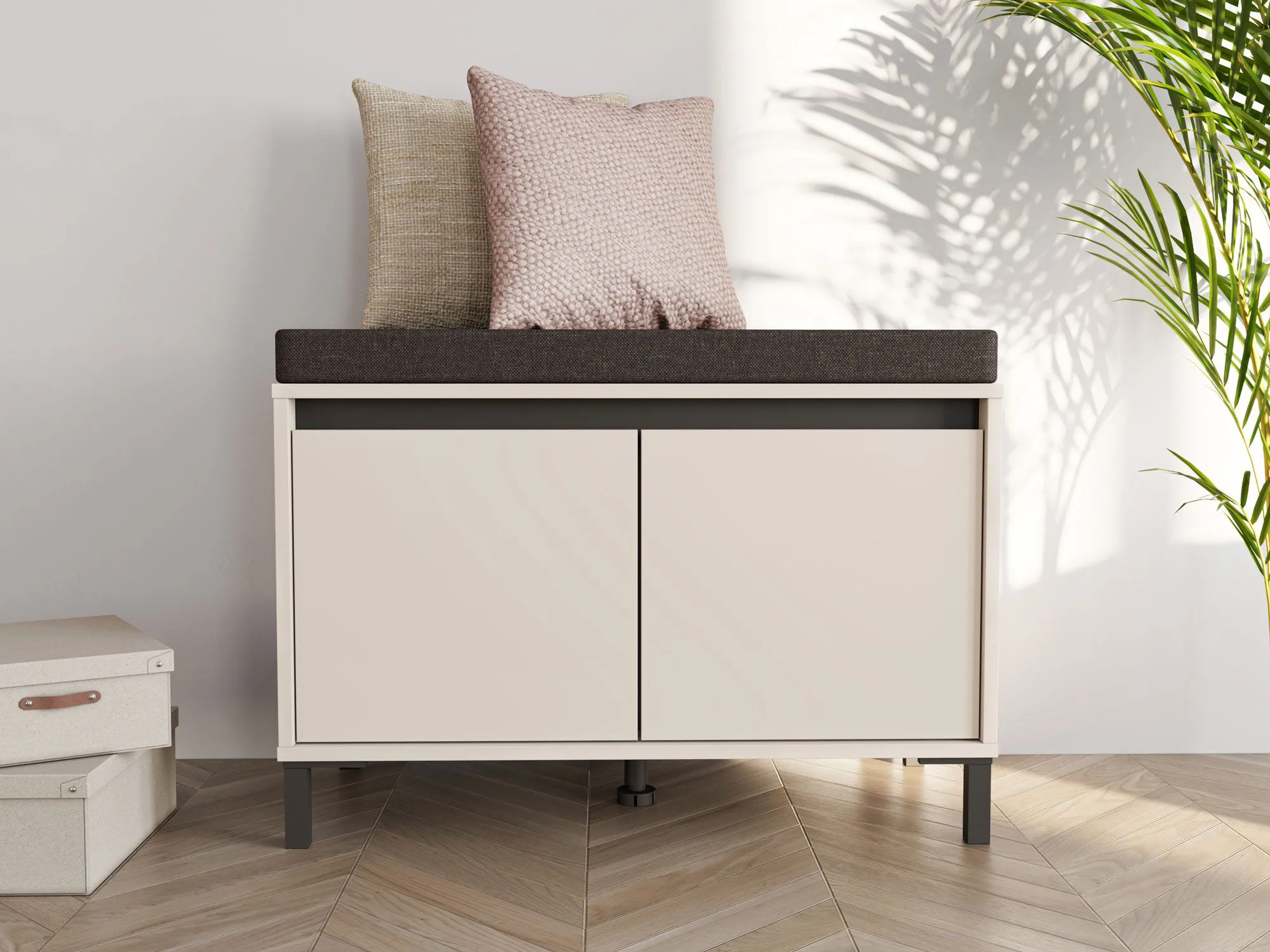 Sitzbank mit Stauraum | 2 Drehtüren | Schuhschrank | Farbe: Kaschmir | inkl. Sitzkissen | Maße: 80 x 40 x 57 cm