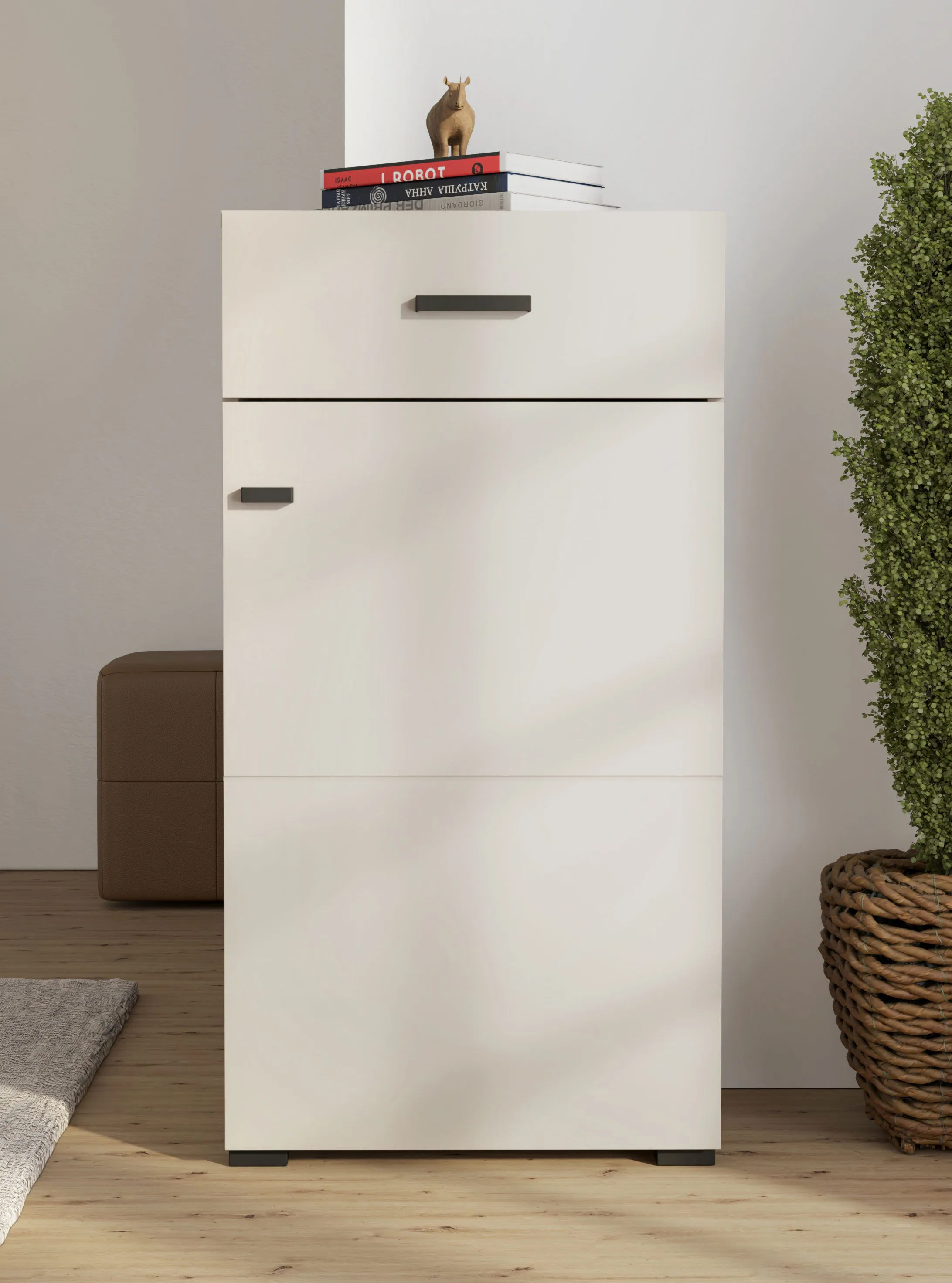 Kommode | 1 Schublade | Farbe: Kaschmir | 1 Drehtür | ABS-Kanten | 3 Fächer | Maße: 51,5 x 35 x 98 cm | Griffe & Beine: Schwarz