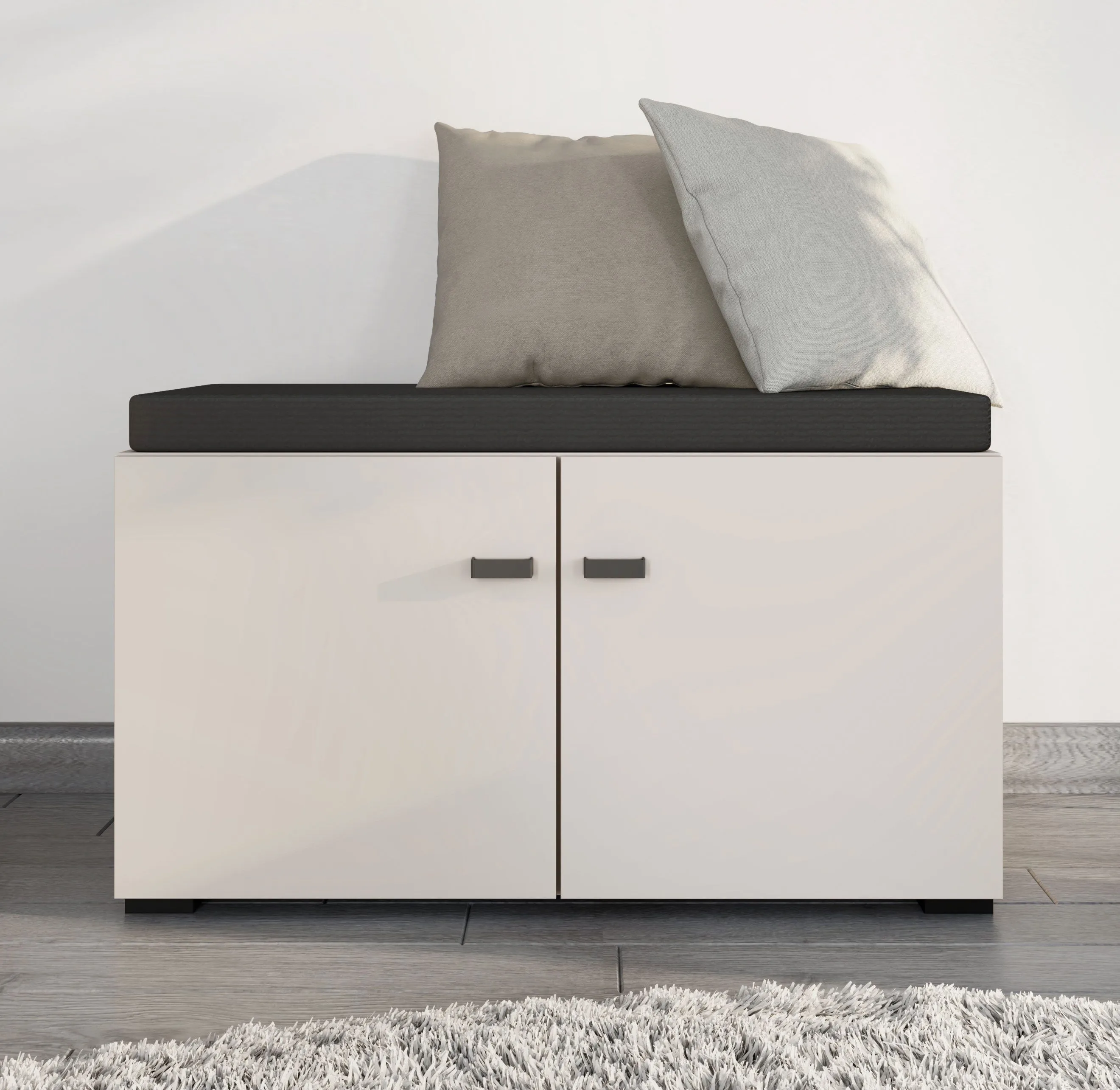 Sitzbank mit Stauraum | 2 Drehtüren | Farbe: Kaschmir | gepolstertes Sitzkissen | 2 Fächer | Maße: 77 x 35 x 40,5 cm