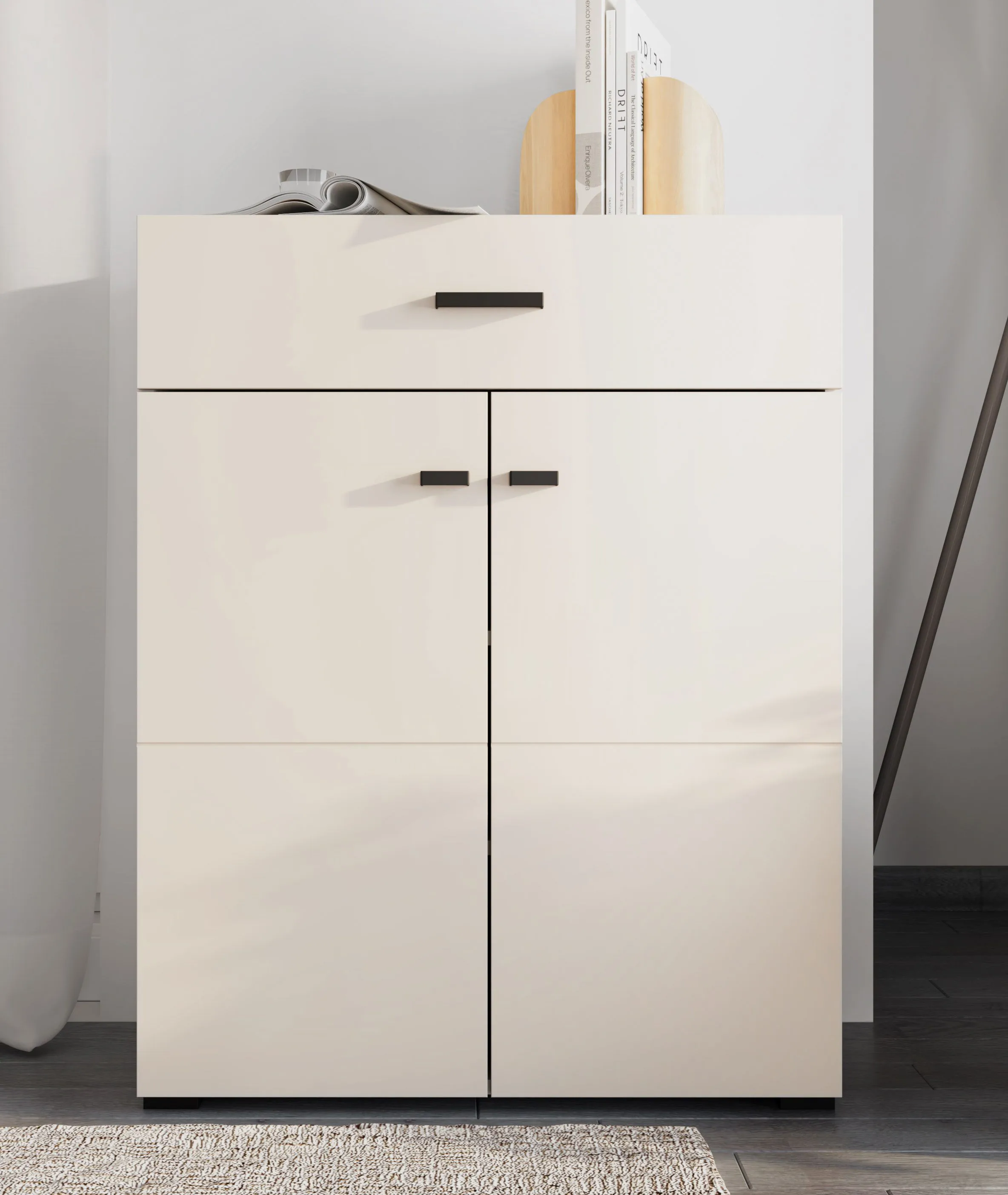 Kommode | 1 Schublade | 2 Drehtüren | Farbe: Kaschmir | ABS-Kanten | 3 Fächer | Maße: 77 x 35 x 98 cm