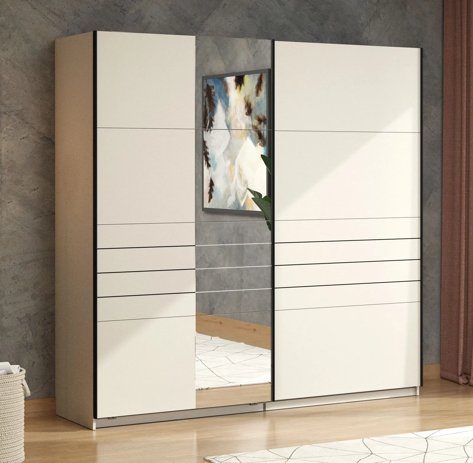 Kleiderschrank | Farbe: Kaschmir | breit | 1 Spiegeltür | Schiebetürenschrank | Maße: 220 x 61 x 217,5 cm | ABS-Kanten | 2 Kleiderstangen