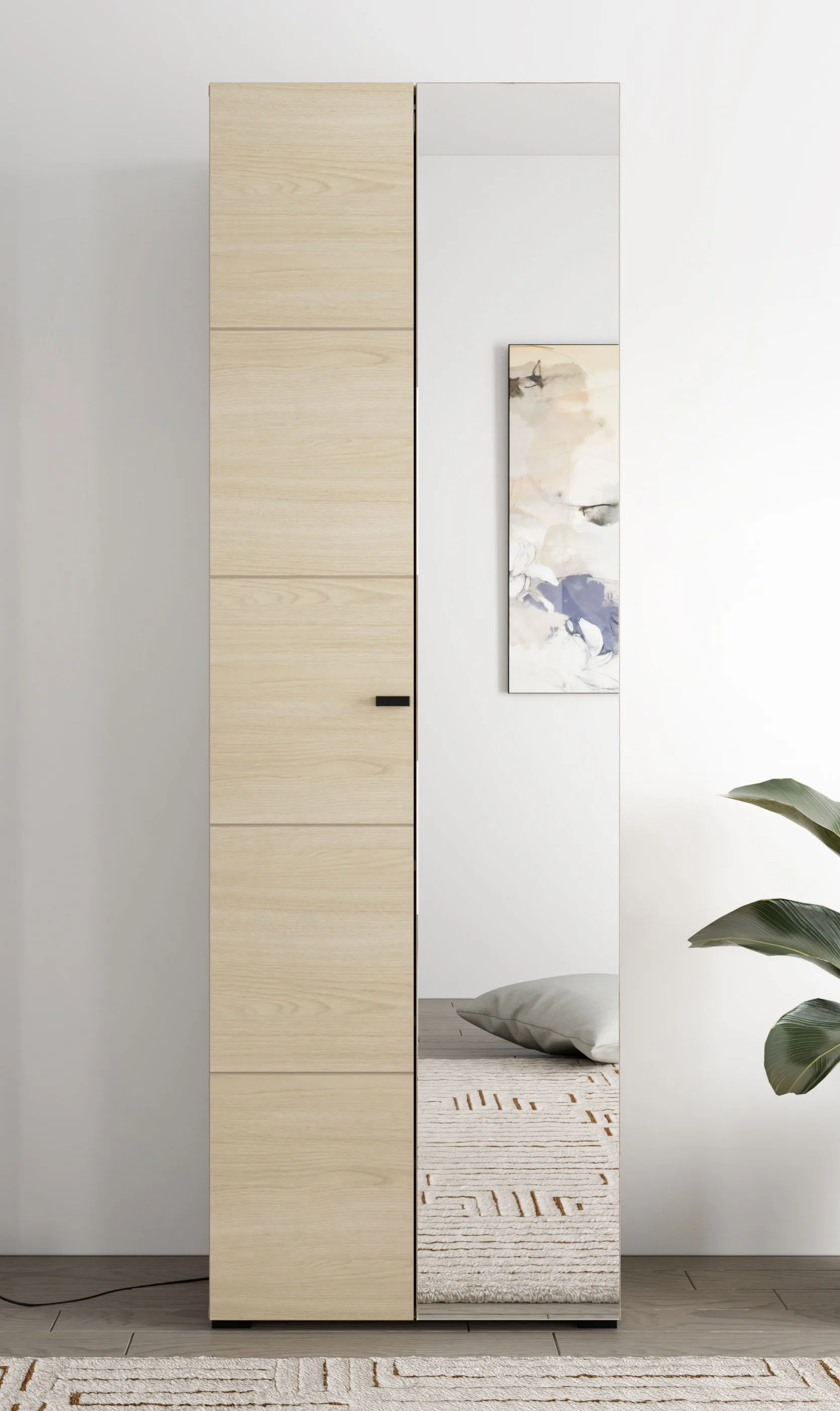 Schrank | 1 Spiegeltür | Farbe: Eiche light Port | 1 ausziehbare Kleiderstange | 4 Fächer | Maße: 64 x 35 x 194 cm | Griffe & Beine: Schwarz