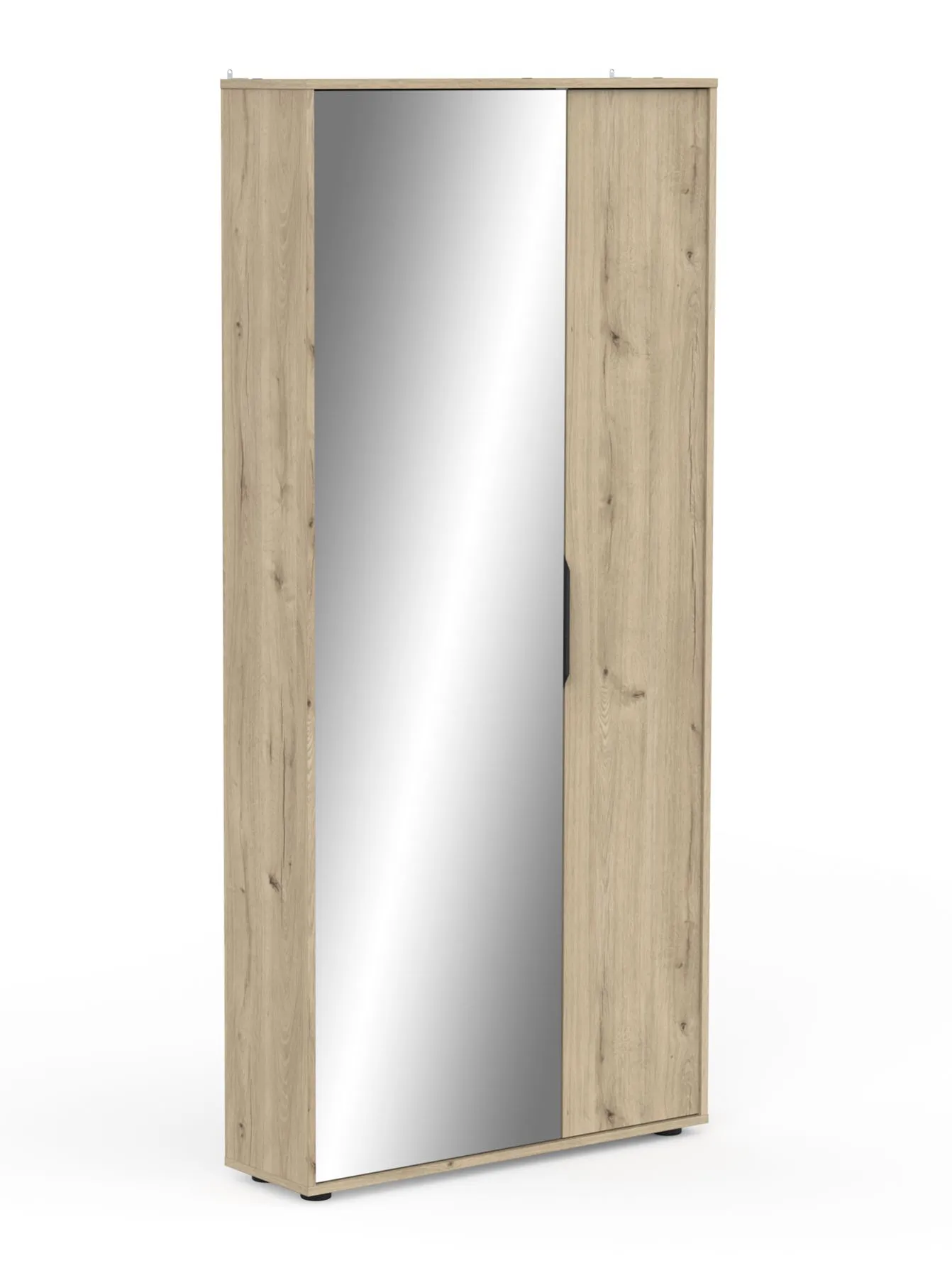 Großer Schuhschrank Matandu 01, eine Spiegeltür, eine Tür, 6 Schuhschienen, 5 Fächer, Farbe: Eiche, Maße: 176,5 x 83 x 24 cm, für Garderobe