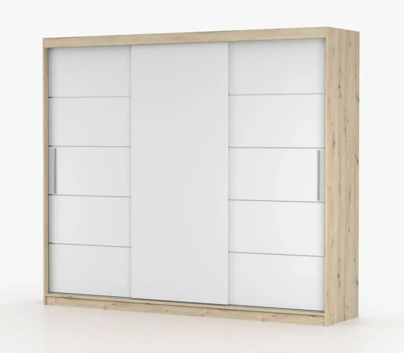 Kleiderschrank / Schiebetürenschrank Artisan / Weiß | Cevennen 16 | 218 x 250 x 61 cm | 3 Türen | 12 Fächer | viel Stauraum | Holzoptik