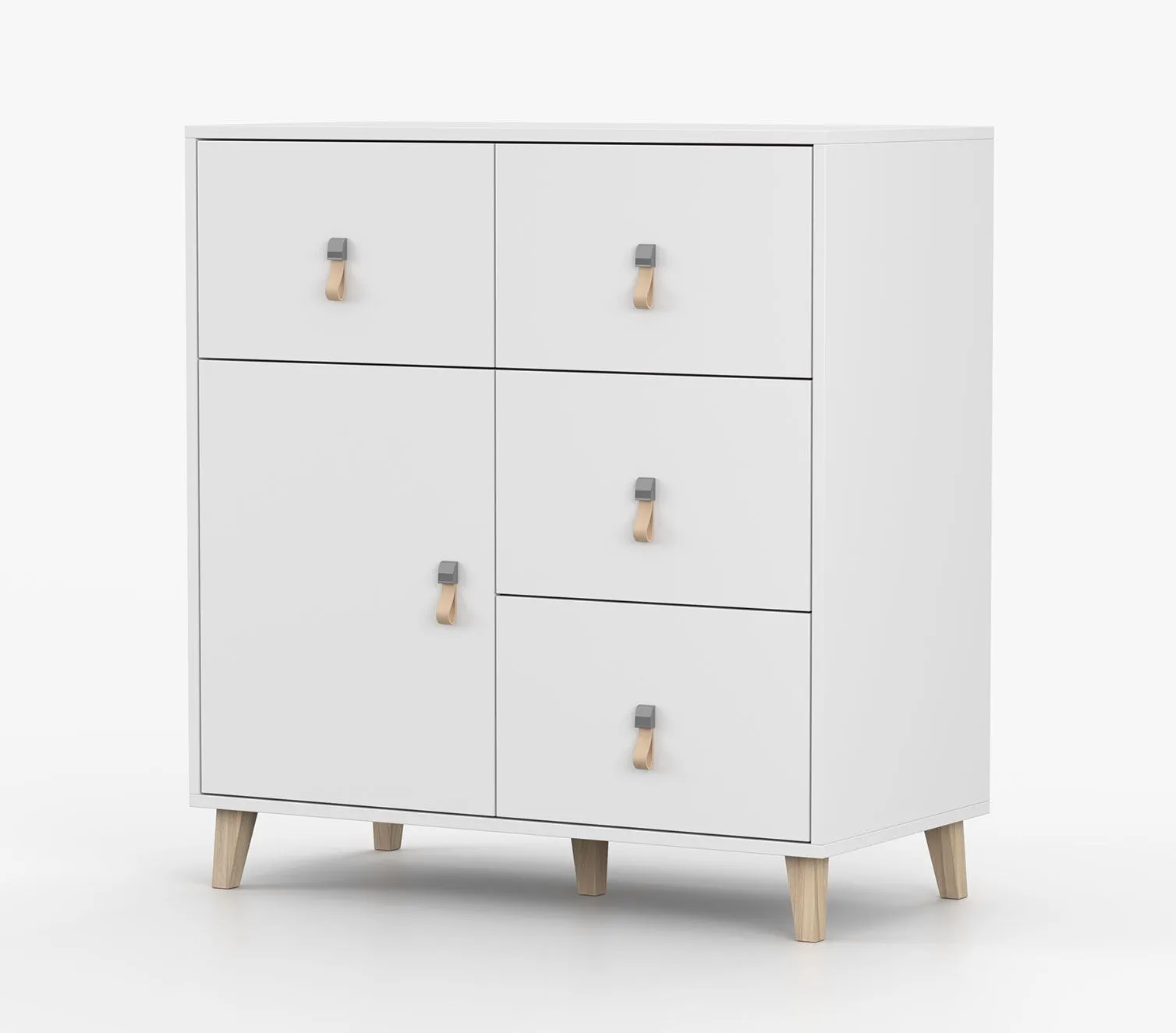 Kommode | Weiß | Taygetos 02 | 96 x 90 x 45 cm | 4 Schubladen | 1 Fach | Ledergriffe | Holzbeine 14 cm hoch | Einfarbig