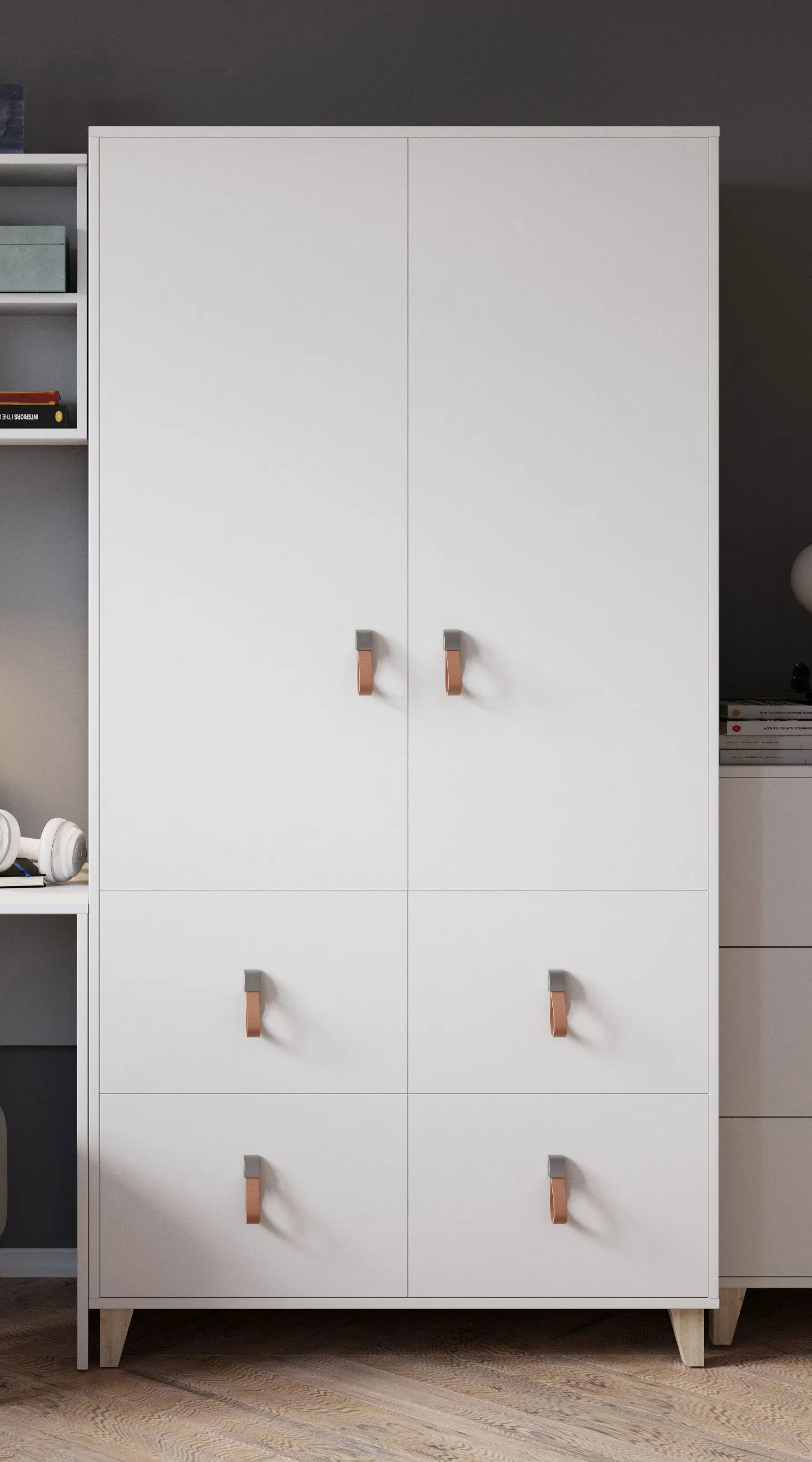 2 Meter hoher Drehtürenschrank / Kleiderschrank | Weiß | Taygetos 03 | 201 x 105 x 55 cm | 2 Türen | 4 Schubladen | 6 Fächer | Einfarbig