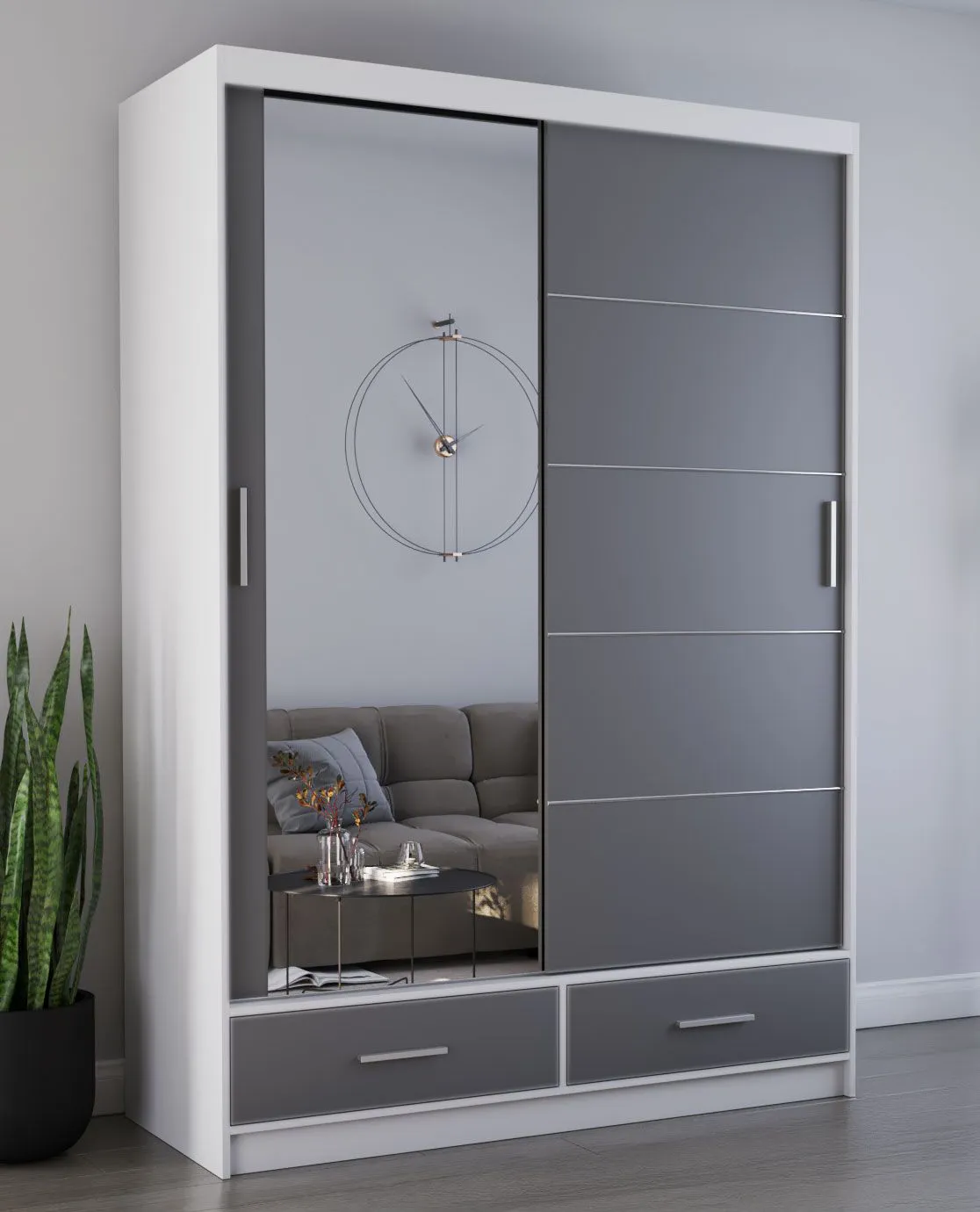 Schiebetürenschrank / Kleiderschrank mit Spiegel | 218 x 150 x 61 cm | Grau / Weiß | Lusatian 08 | 2 Türen | 2 Schubladen | 6 Fächer