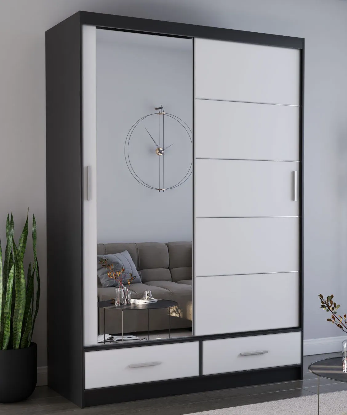 Kleiderschrank / Schiebetürenschrank 1,5 Meter breit | Lusatian 07 | Weiß / Schwarz | mit Spiegel | 6 Fächer | 2 Schubladen | 2 Türen