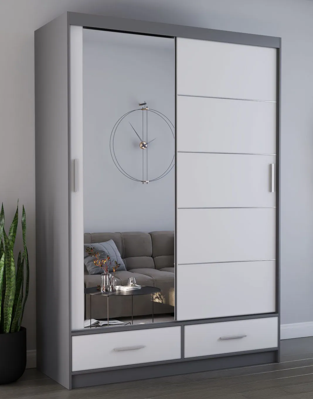 Schiebetürenschrank / Kleiderschrank mit Spiegel | Weiß / Grau | Lusatian 06 | 218 x 150 x 61 cm | 2 Türen | 2 Schubladen | 6 Fächer