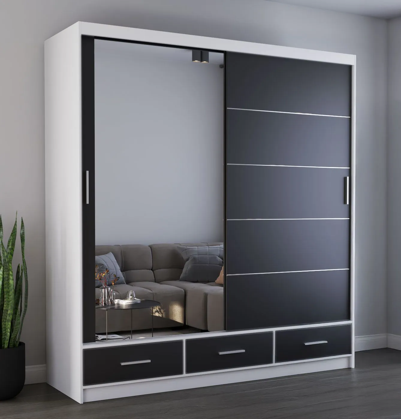 Schiebetürenschrank / Kleiderschrank mit Spiegel Schwarz / Weiß | Lusatian 16 | 218 x 203 x 61 cm | 2 Türen | 3 Schubladen | 12 Fächer