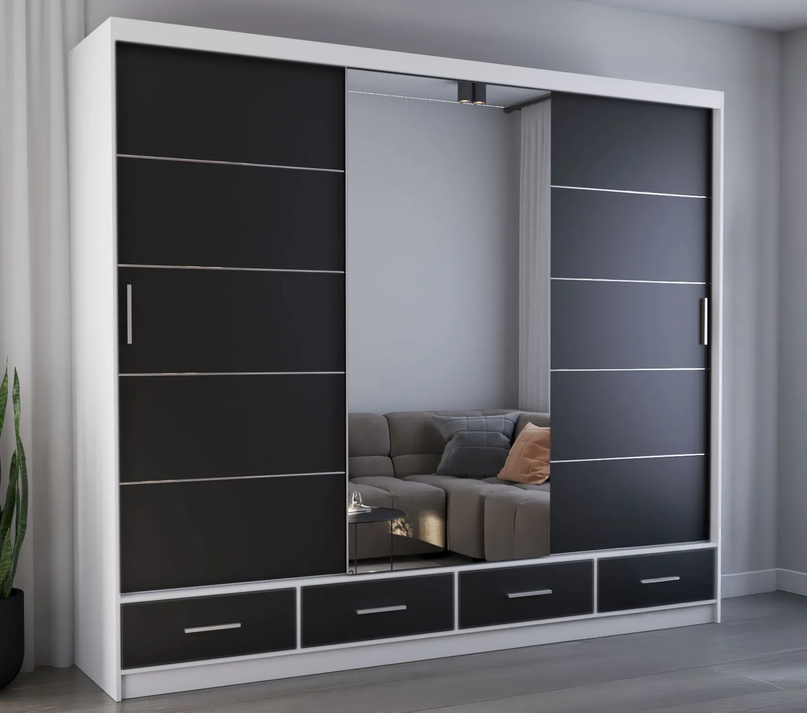Schiebetürenschrank / Kleiderschrank mit Spiegel | 218 x 250 x 61 cm | Schwarz / Weiß | Lusatian 37 | 3 Türen | 4 Schubladen | 7 Fächer