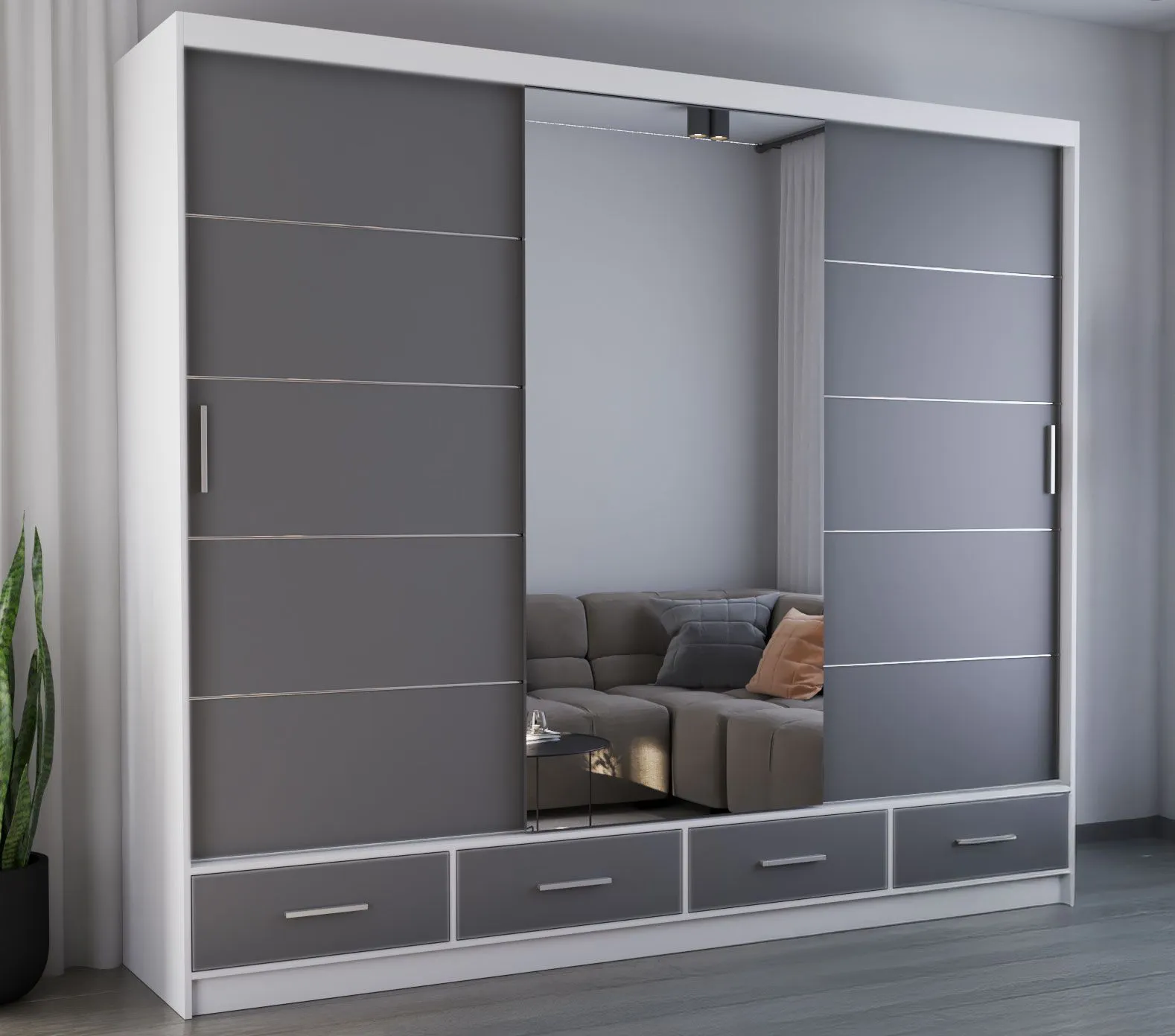 2,5 Meter breiter Schiebetürenschrank / Kleiderschrank mit Spiegel Grau / Weiß | Lusatian 34 | 218 x 250 x 61 cm | 3 Türen | 4 Schubladen