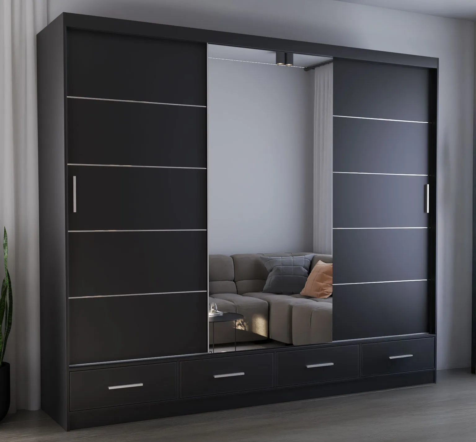 2,5 Meter breiter Schiebetürenschrank / Kleiderschrank mit Spiegel Schwarz | Lusatian 39 | 218 x 250 x 61 cm | 3 Türen | 4 Schubladen
