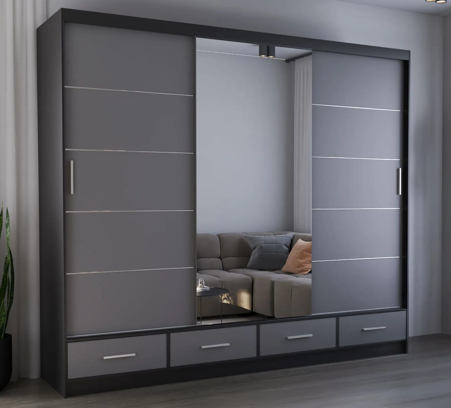 2,5 Meter breiter Schiebetürenschrank / Kleiderschrank mit Spiegel Grau / Schwarz | Lusatian 36 | 218 x 250 x 61 cm | 4 Schubladen