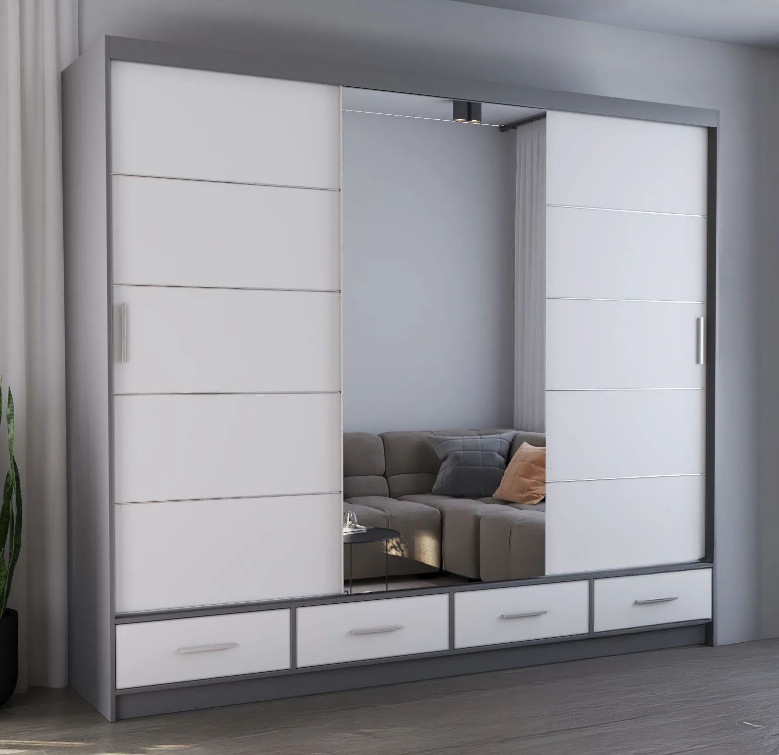Kleiderschrank / Schiebetürenschrank 2,5 Meter breit | Lusatian 32 | Weiß / Grau | mit Spiegel | 7 Fächer | 4 Schubladen | 3 Türen