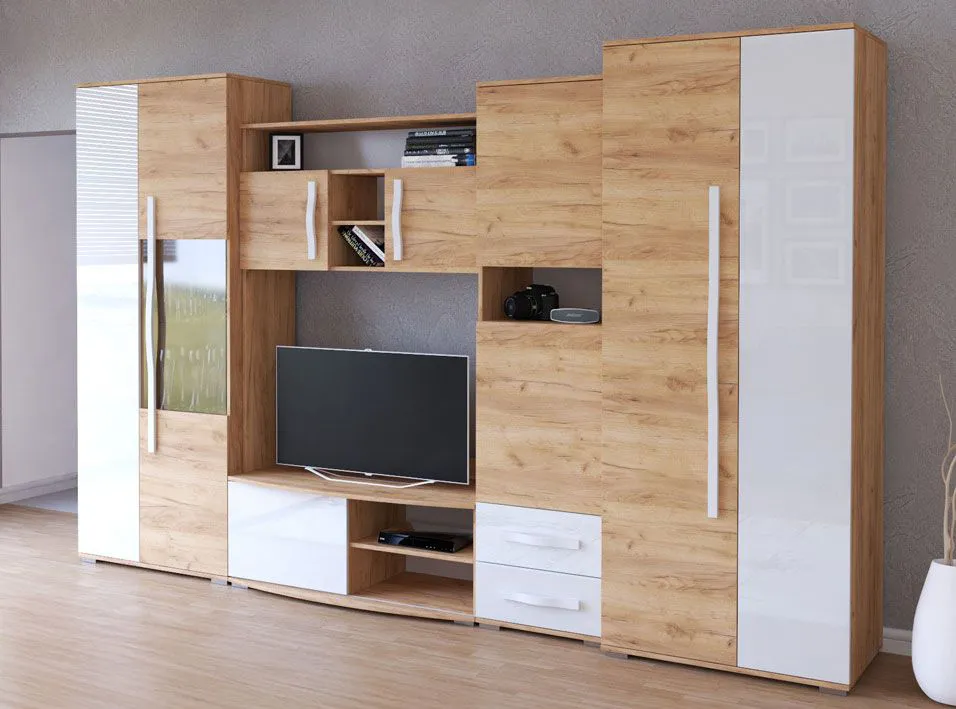 Wohnwand 3,2 Meter breit | Braun / Weiß in Hochglanz | 202 x 320 x 52 cm | 1 Türe | Mehrteilig | viel Stauraum | eckig | Aufbewahrung