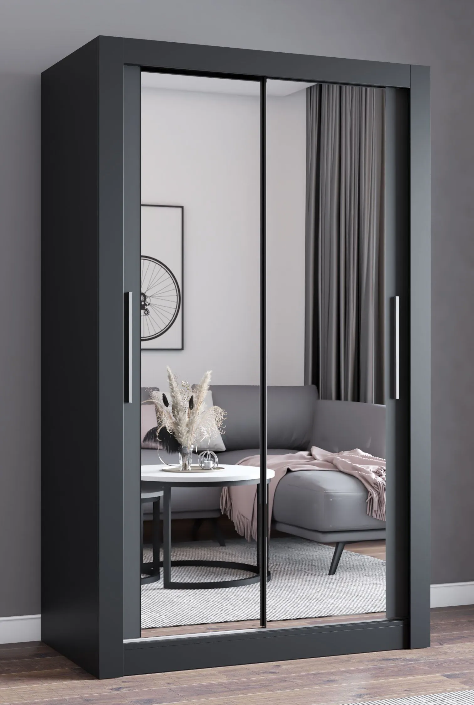 1,2 Meter breiter Schiebetürenschrank / Kleiderschrank mit Spiegel Schwarz | Biokovo 08 | 215 x 120 x 64 cm | 2 Türen | 7 Fächer