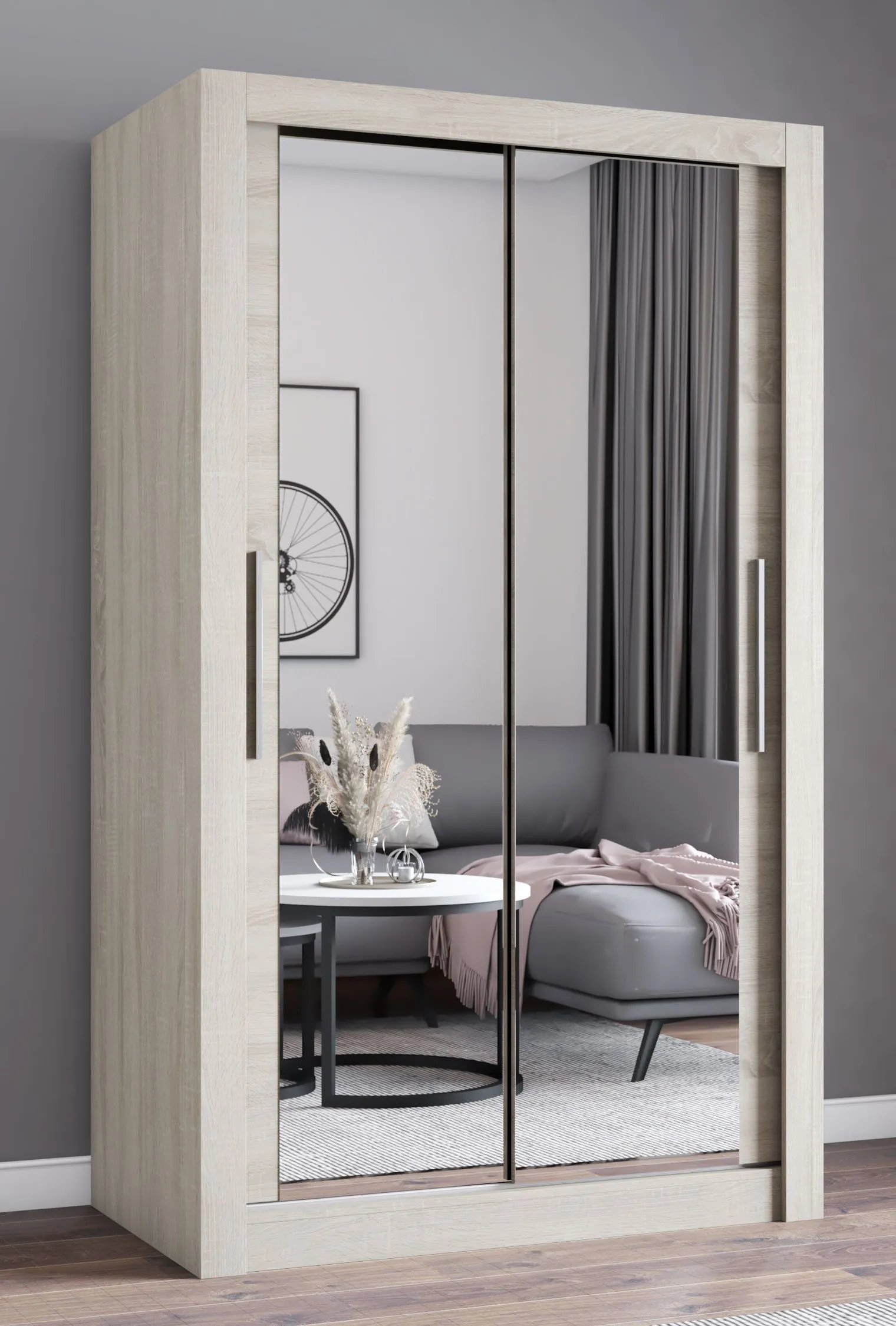 Schiebetürenschrank / Kleiderschrank mit Spiegel | 215 x 120 x 64 cm | Eiche | Biokovo 06 | 2 Türen | 7 Fächer | ausreichend Stauraum