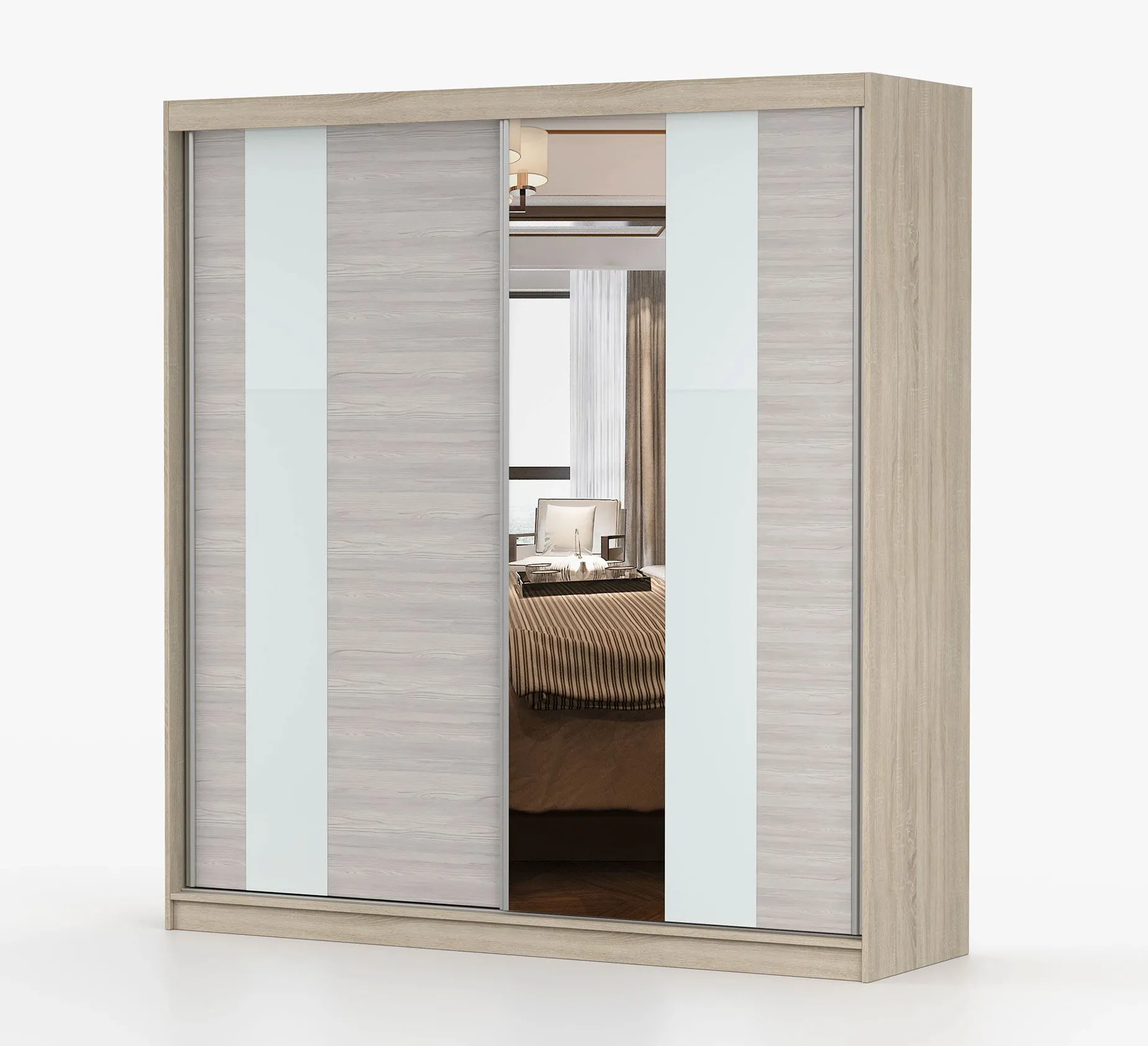 2 Meter breiter Schiebetürenschrank / Kleiderschrank mit Spiegel | Grau-Weiß / Eiche | Gorski 34 | 218 x 203 x 61 cm | 2 Türen | 6 Fächer