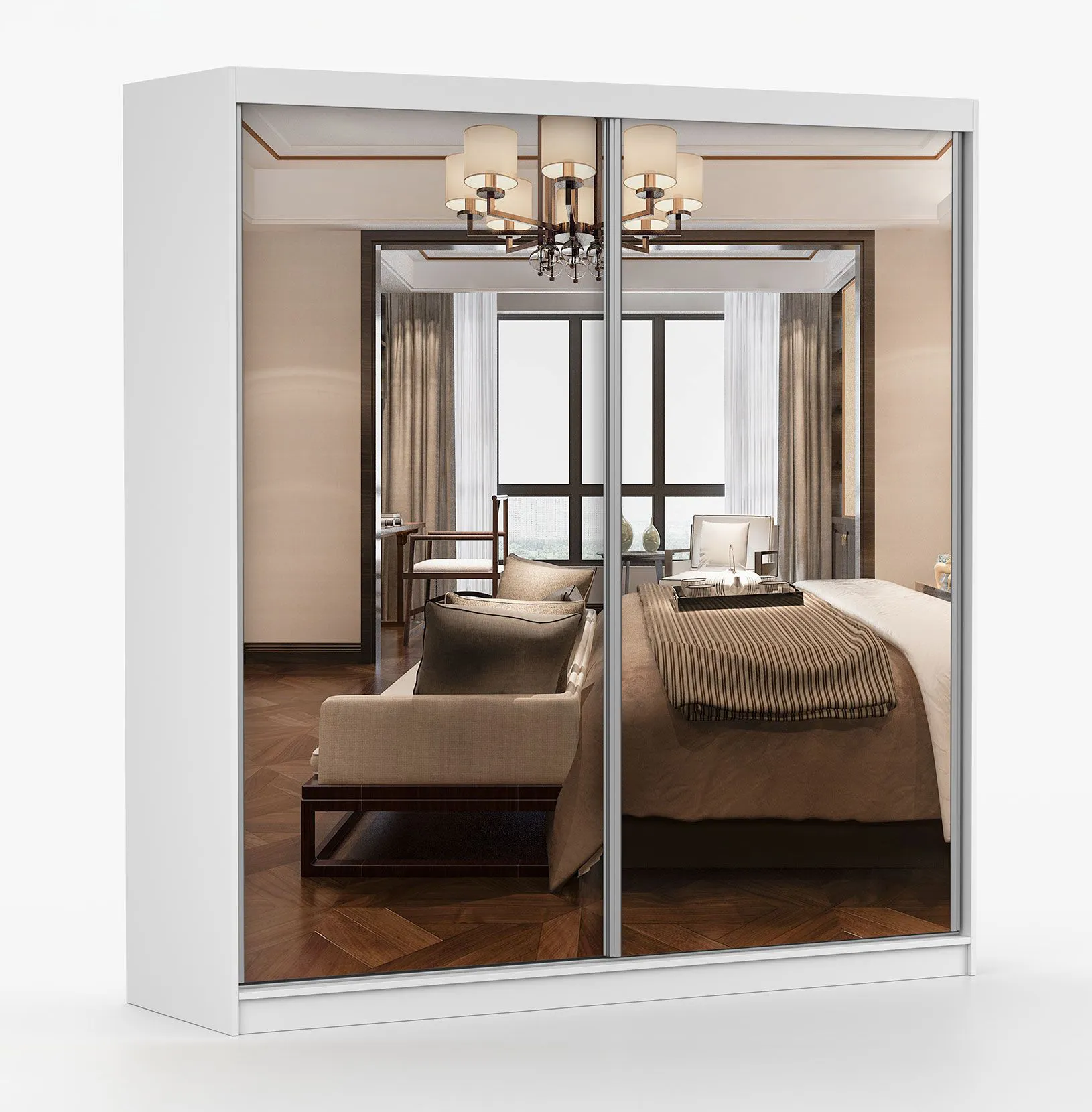 2 Meter breiter Schiebetürenschrank / Kleiderschrank mit Spiegel | Weiß | Gorski 29 | 218 x 203 x 61 cm | 2 Türen | 6 Fächer