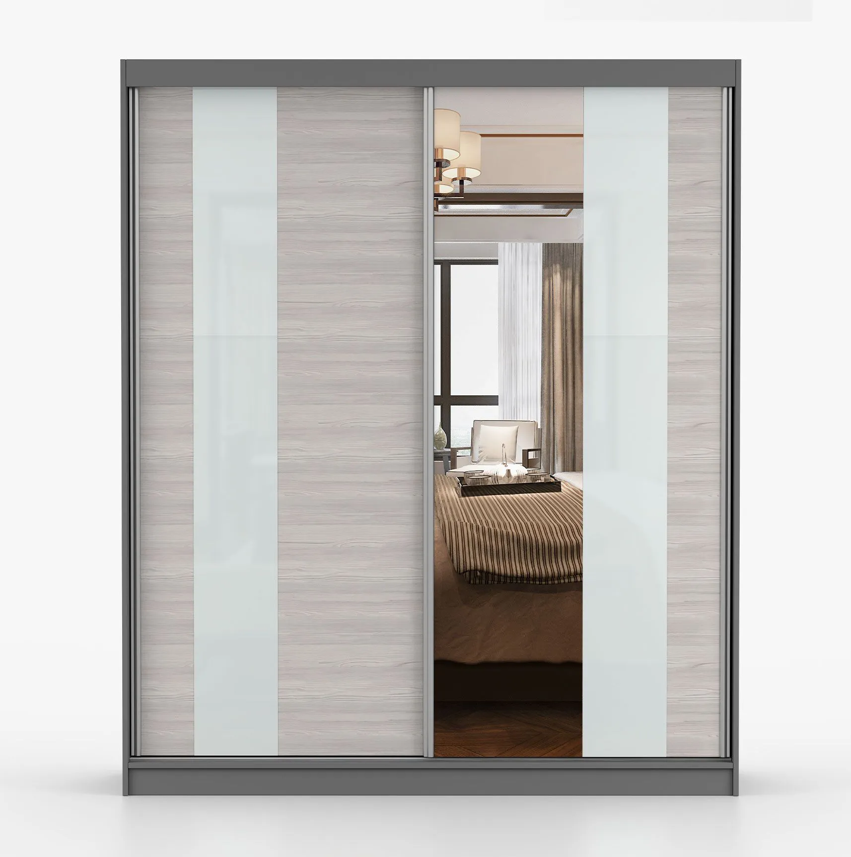 2 Meter breiter Schiebetürenschrank / Kleiderschrank mit Spiegel | Grau-Weiß / Grau | Gorski 35 | 218 x 203 x 61 cm | 2 Türen | 6 Fächer