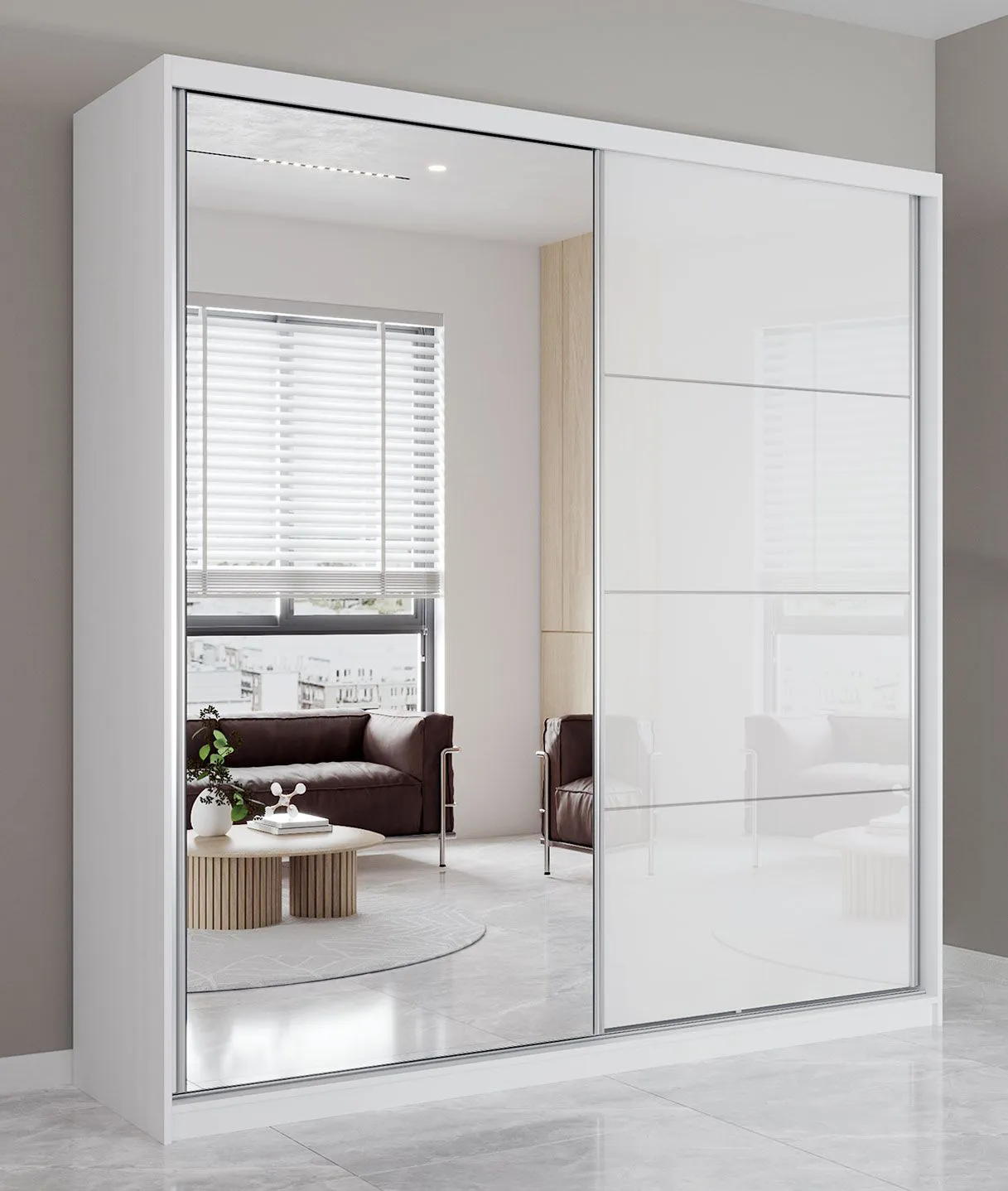 Kleiderschrank / Schiebetürenschrank | Weiß | Sredna 01 | mit Spiegel | 2 Türen | 218 x 203 x 61 cm | 3 Fächer | 3 Schubladen
