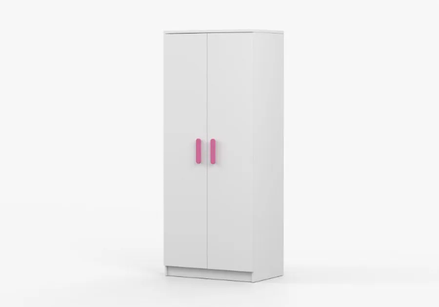 Kleiderschrank / Drehtürenschrank | Weiß | Smolikas 66 | 2 Türen |1 Kleiderstange | Holzgriffe in rosa | 5 Fächer | 192 x 80 x 50 cm