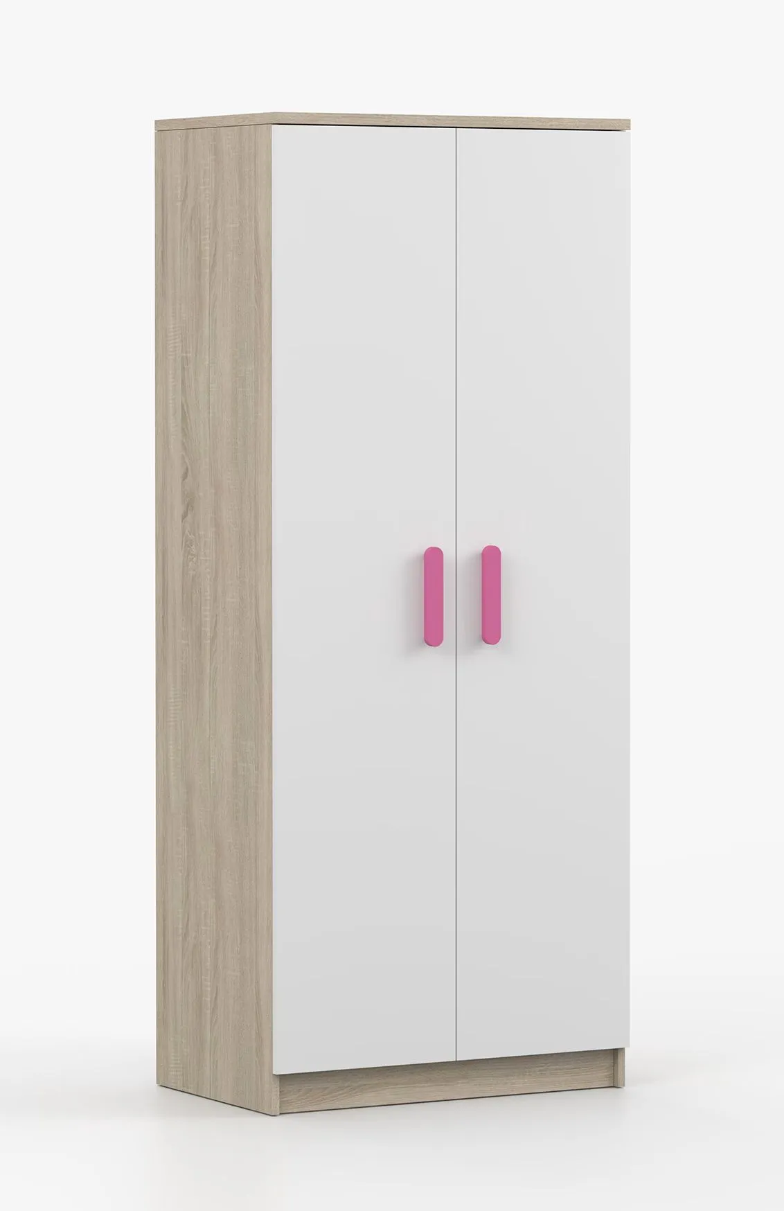 Kleiderschrank / Drehtürenschrank | Weiß / Sonoma Eiche | Smolikas 50 | 2 Türen | 192 x 80 x 80 cm | Kleiderstange | 5 Fächer
