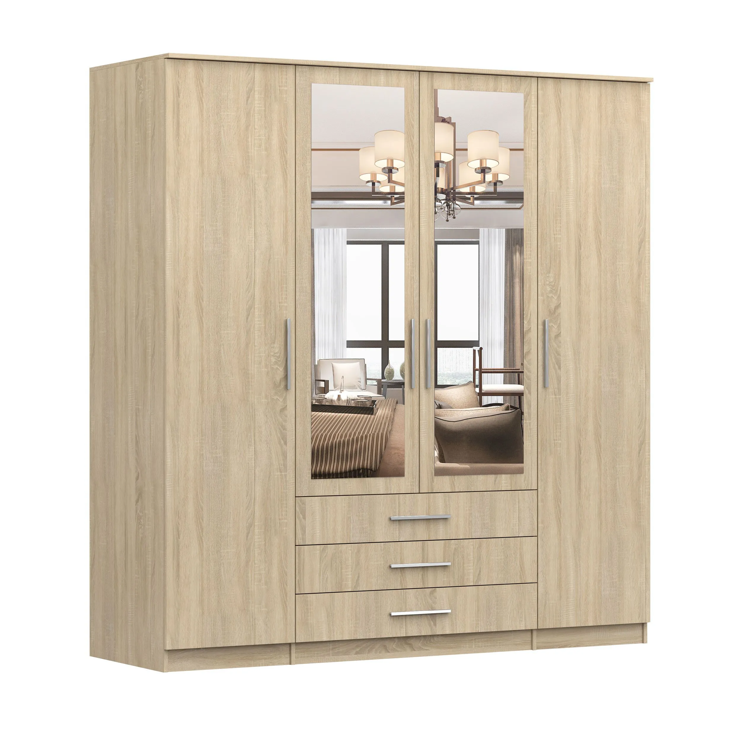 Kleiderschrank / Drehtürenschrank 2 Meter breit | Kopaonik 06 | Sonoma Eiche | mit Spiegel | 3 Schubladen | 4 Türen | 207 x 200 x 59 cm