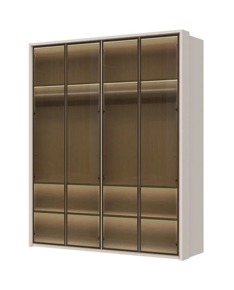 Kleiderschrank mit vier Glastüren Neiafu 39, inkl. Innenbeleuchtung, zwei Schubladen, Farbe: Kaschmir, Soft-Close-Funktion, Maße: 226 x 187 x 60 cm