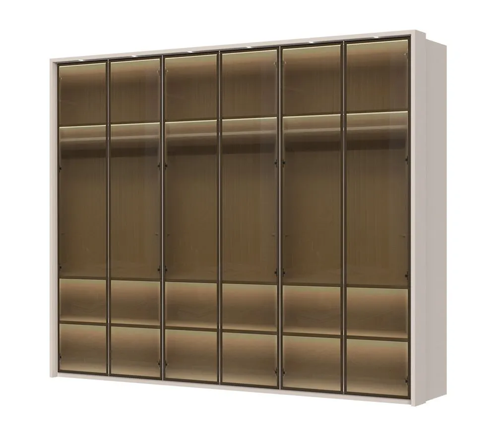Glastüren-Kleiderschrank mit sechs Türen Neiafu 77, inkl. LED-Rahmen und Innenbeleuchtung, drei Kleiderstangen, Maße: 224 x 272 x 56 cm, Soft-Close-Funktion