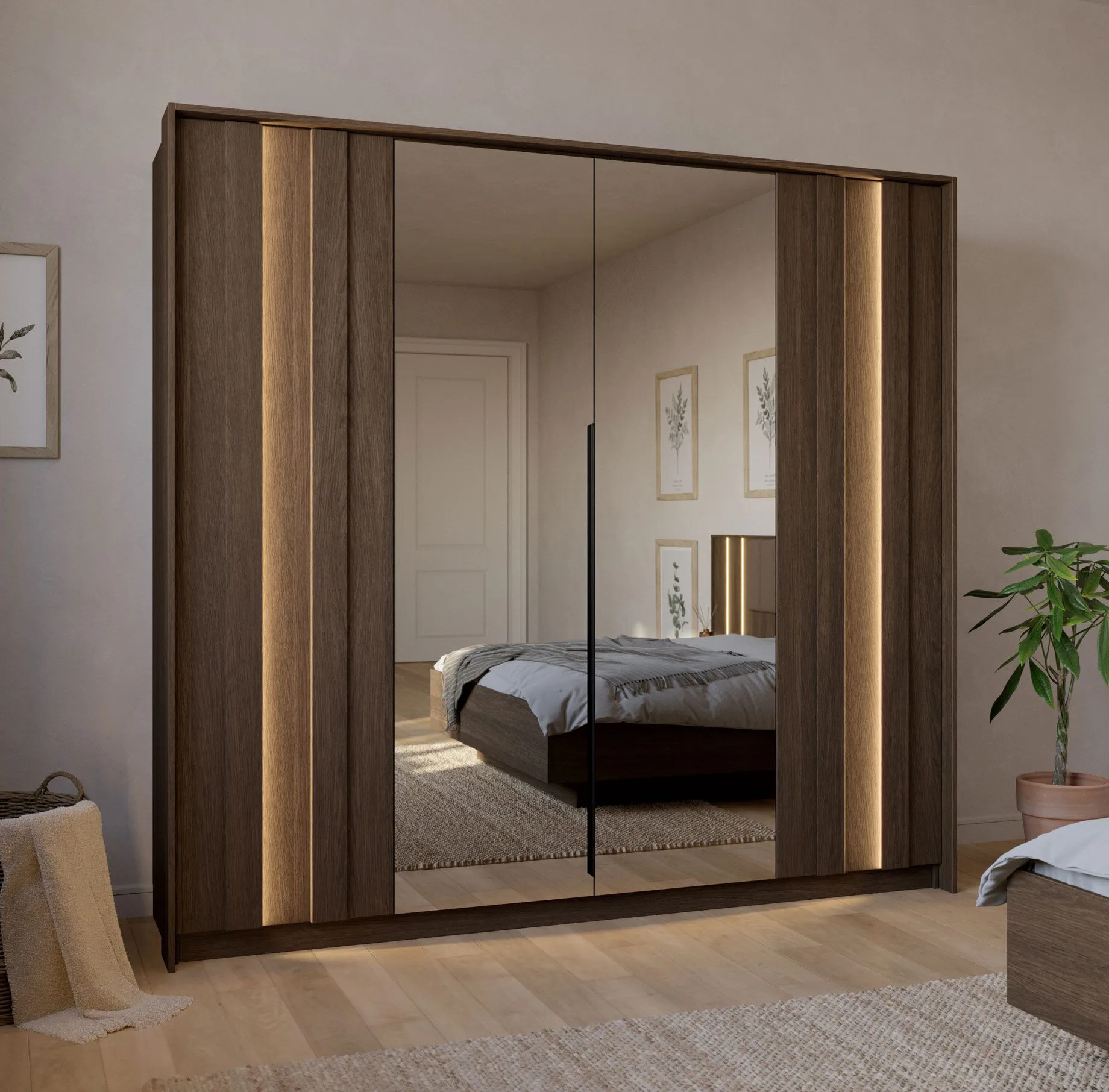 Kleiderschrank | Farbe: Eiche Dunin | 2 Spiegeltüren | inkl. LED-Beleuchtung | 223 x 60 x 210 cm | 2 Kleiderstangen | Soft-Close Funktion | 4 Fächer