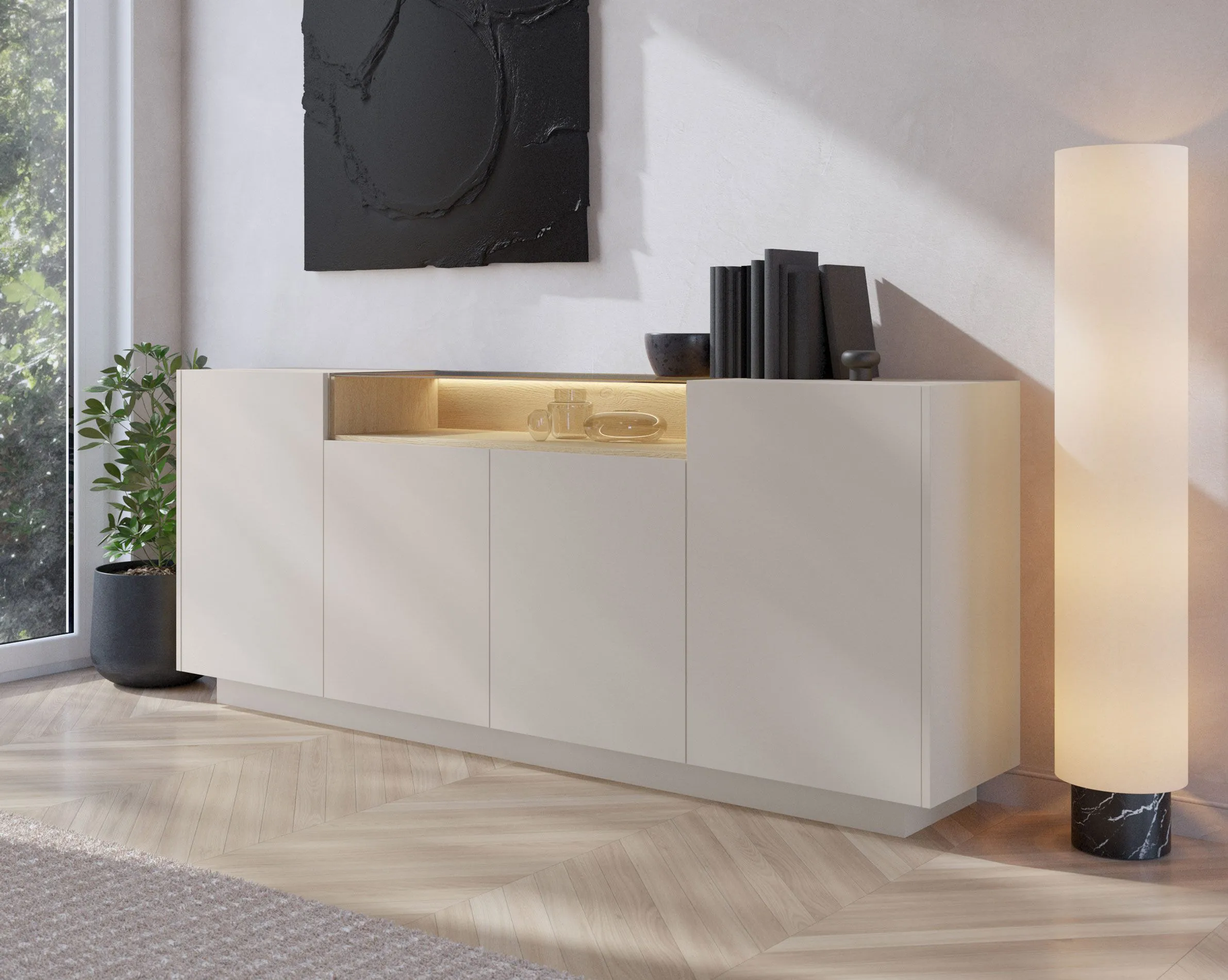 Kommode | Farbe: Beige / Eiche Cremona | 4 Drehtüren | inkl. LED-Beleuchtung | 9 Fächer | 203 x 40 x 83 cm | Push-to-open Funktion | Sideboard