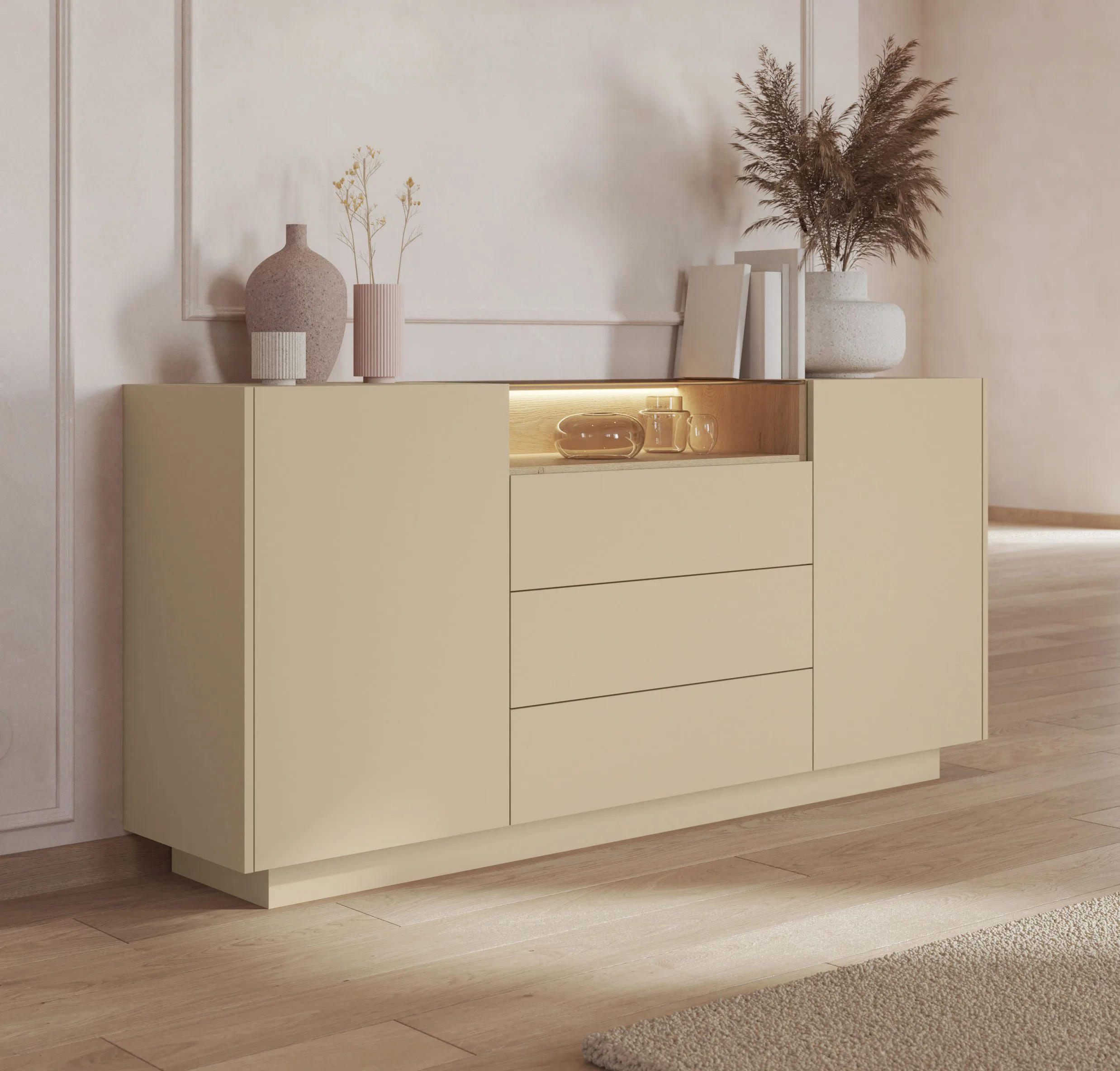 Kommode | Farbe: Kakao / Eiche Cremona | 2 Drehtüren | inkl. LED-Beleuchtung | 5 Fächer | 176 x 40 x 83 cm | Push-to-open Funktion | Sideboard
