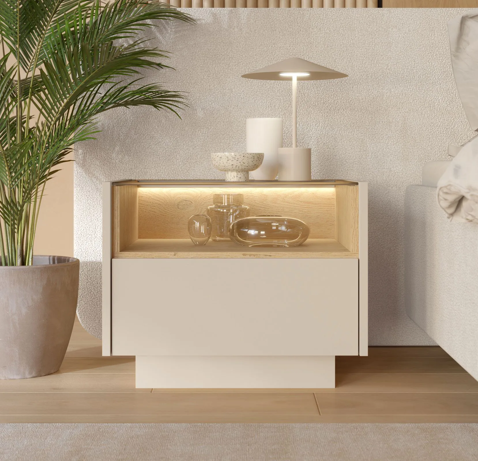 Nachtkommode | Farbe: Beige / Eiche Cremona | 1 Schublade | inkl. LED-Beleuchtung | 1 Fach | 53 x 40 x 43 cm | Push-to-open Funktion | Nachttisch