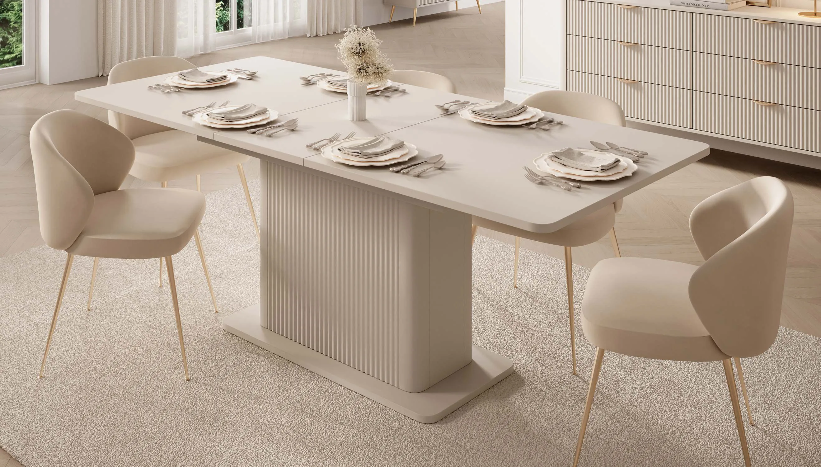 Esstisch ausziehbar | Beige | 160-200 x 90 x 75 cm | ABS-Kanten | modernes Lamellen Design | ausziehbar bis 200 cm