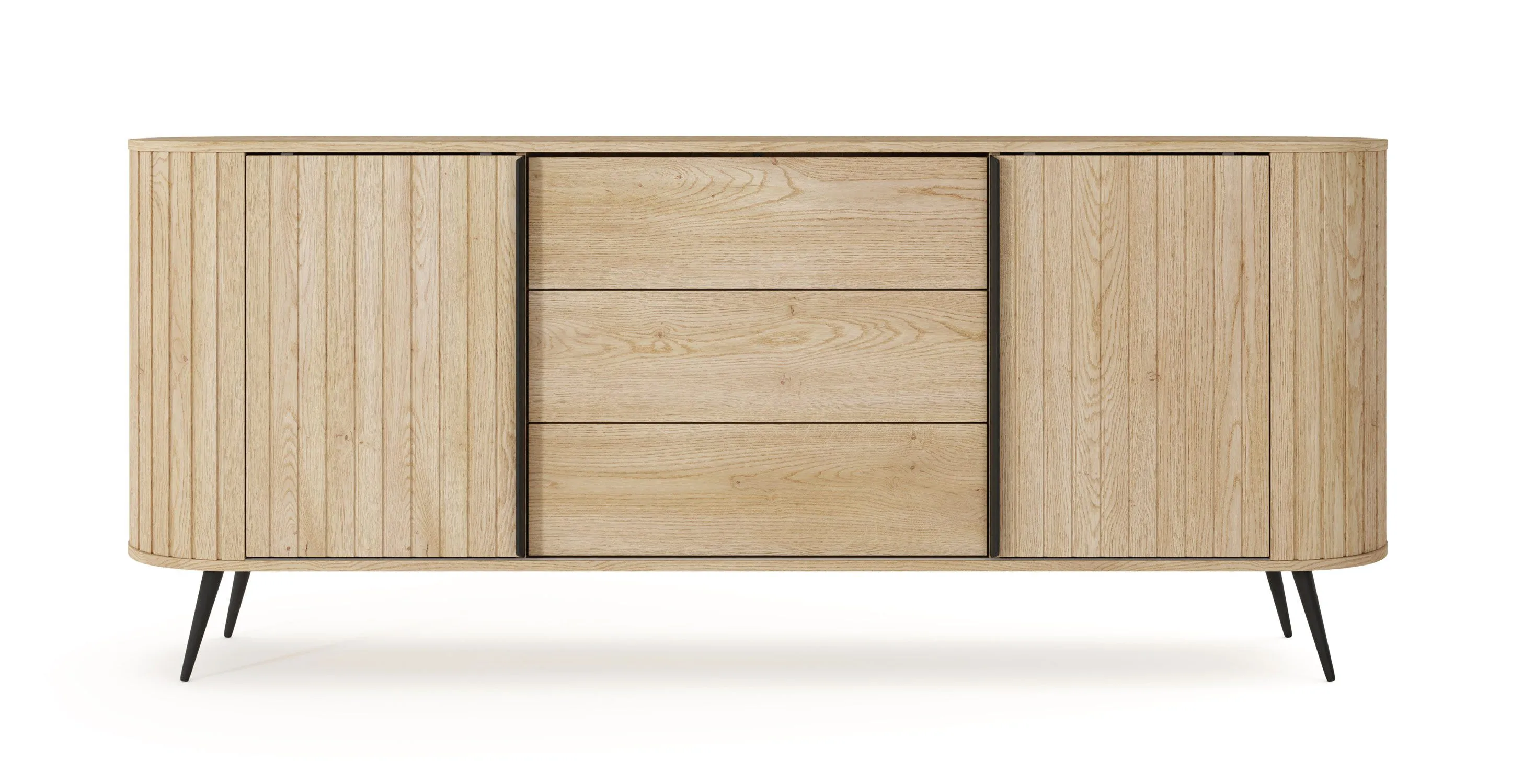 Kommode | 2 Schiebetüren | Farbe: Eiche Cremona | 3 Schubladen | Push-to-open Funktion | 196 x 40 x 82 cm | abgerundete Seiten | 4 Fächer