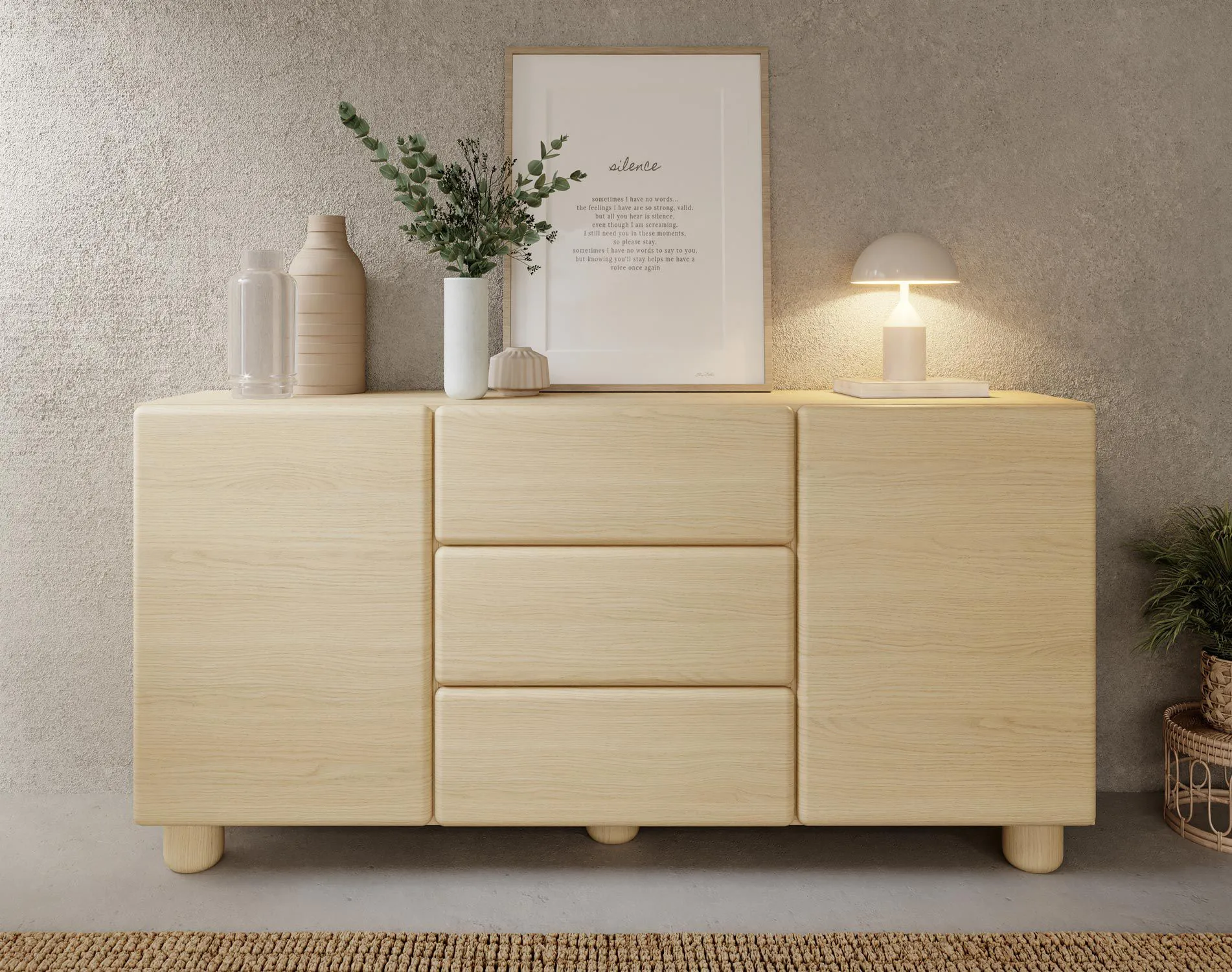Kommode | 2 Türen | 3 Schubladen | Farbe: Eiche Vicenza | 4 Fächer | Push-to-open Funktion | 160 x 38 x 80 cm | Holzbeine | weiche Linien