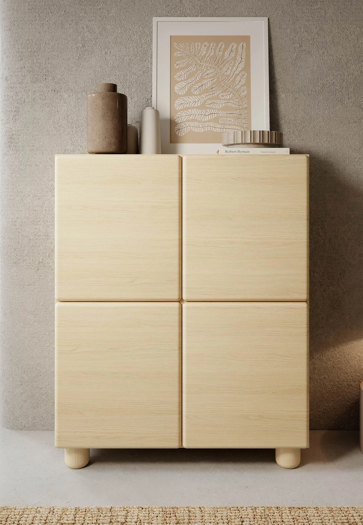 Kommode | 4 Türen | Farbe: Eiche Vicenza | 8 Fächer | Push-to-open Funktion | 100 x 38 x 125 cm | Highboard | ABS-Kanten | Holzbeine